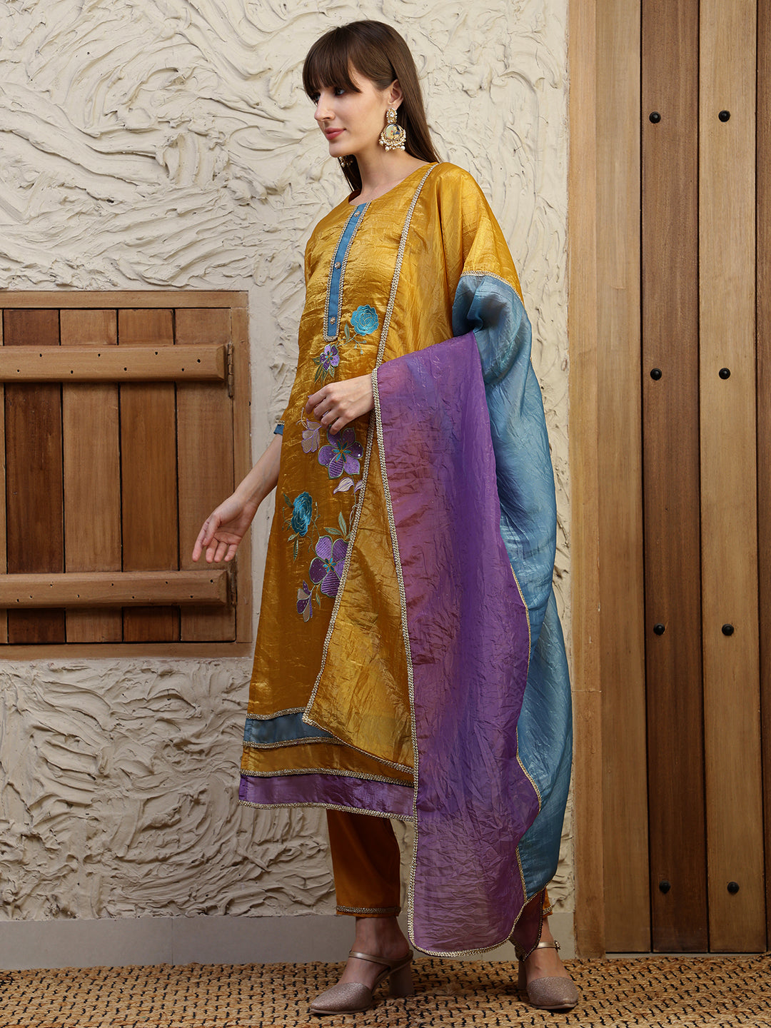 Hand Embroidered Kurta With Pant & Dual Toned Dupatta, Mustard - Hiral Fashion