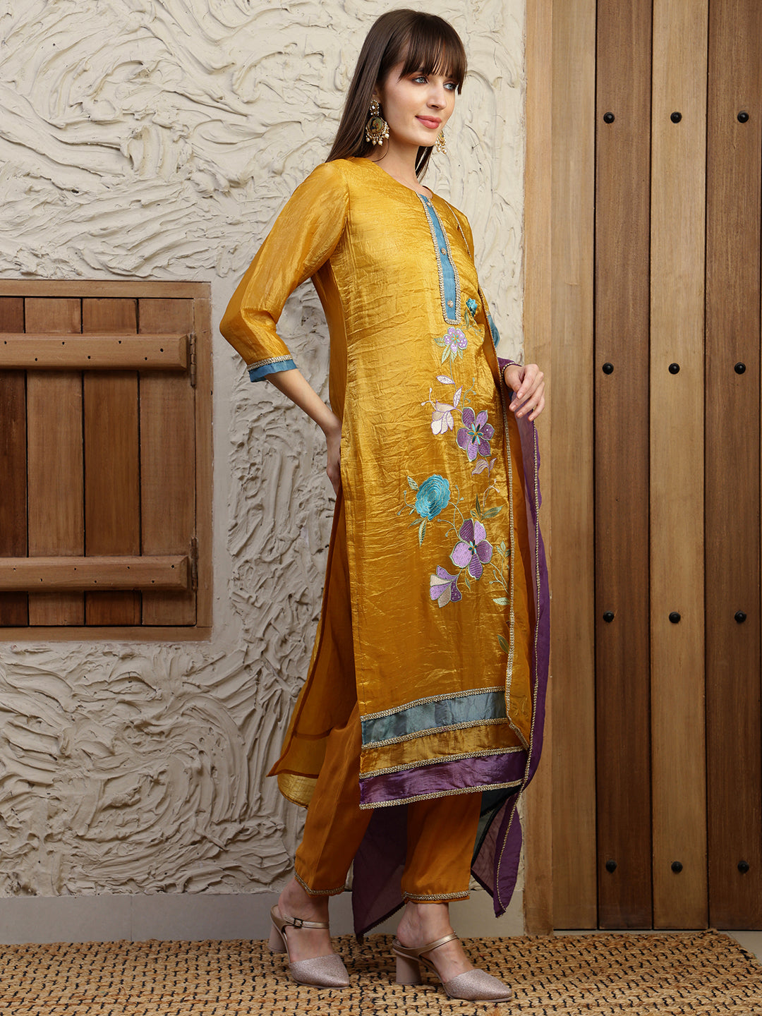 Hand Embroidered Kurta With Pant & Dual Toned Dupatta, Mustard - Hiral Fashion