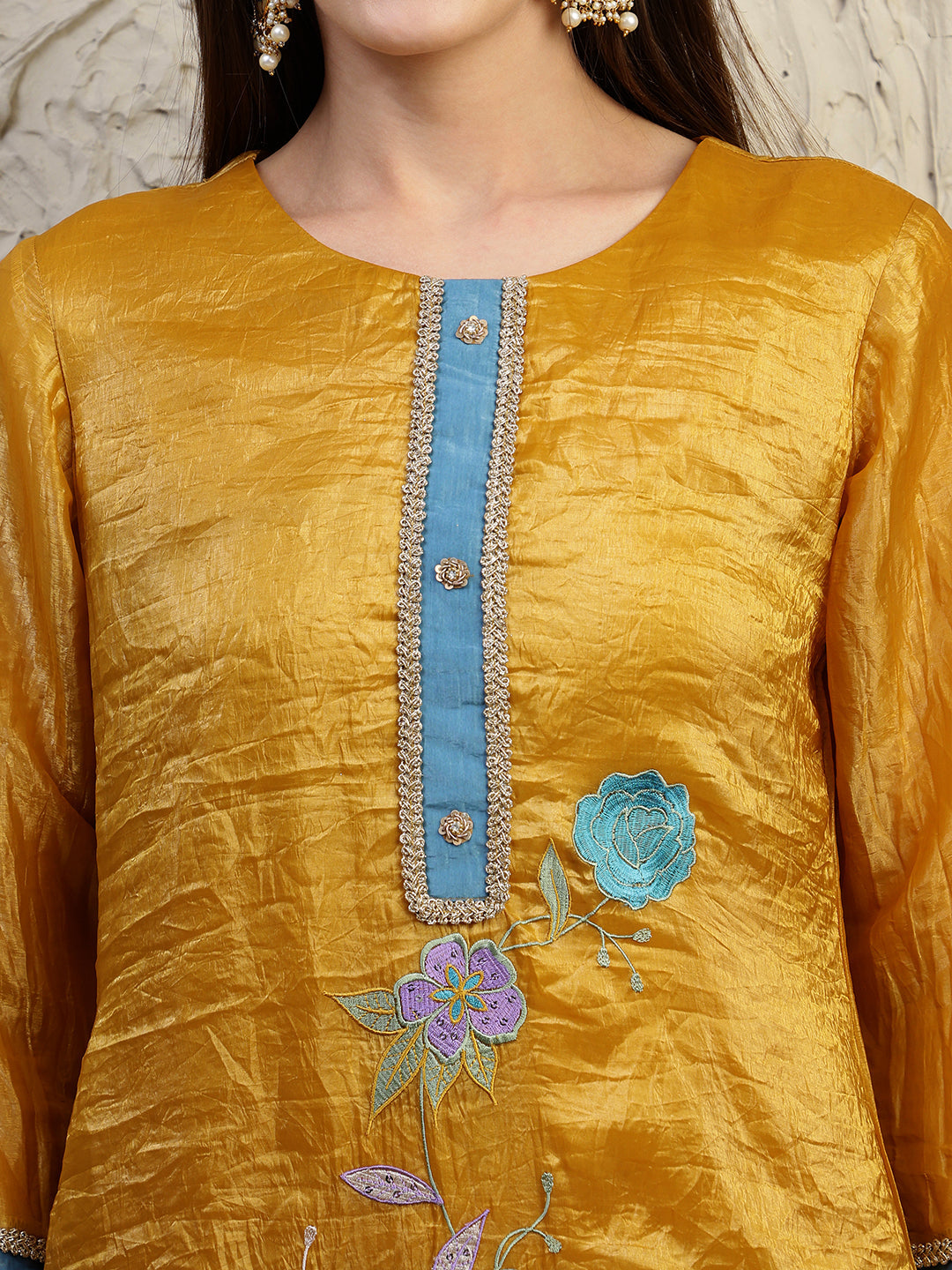 Hand Embroidered Kurta With Pant & Dual Toned Dupatta, Mustard - Hiral Fashion