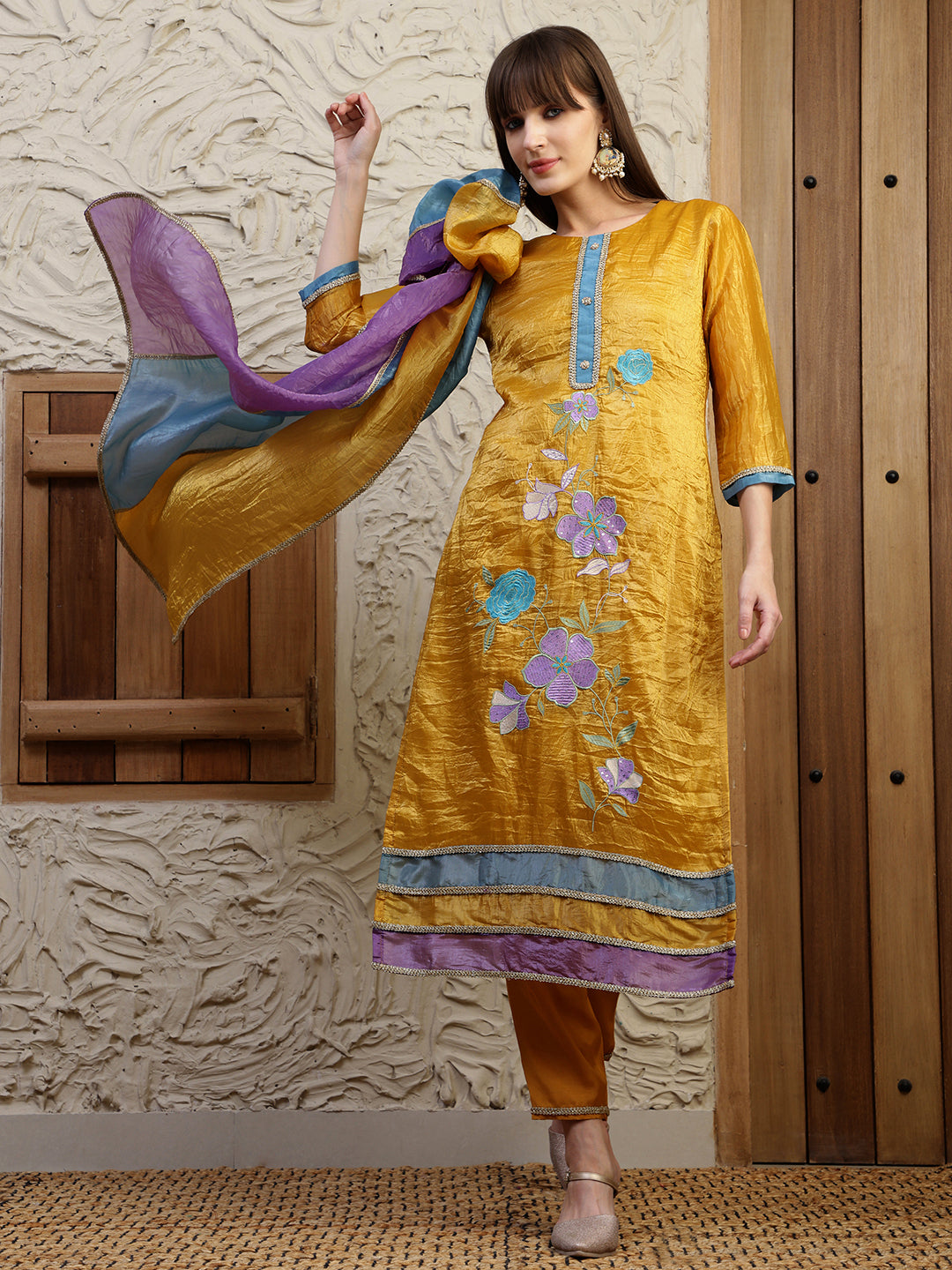 Hand Embroidered Kurta With Pant & Dual Toned Dupatta, Mustard - Hiral Fashion