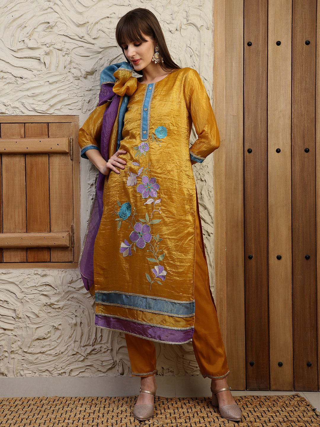 Hand Embroidered Kurta With Pant & Dual Toned Dupatta, Mustard - Hiral Fashion