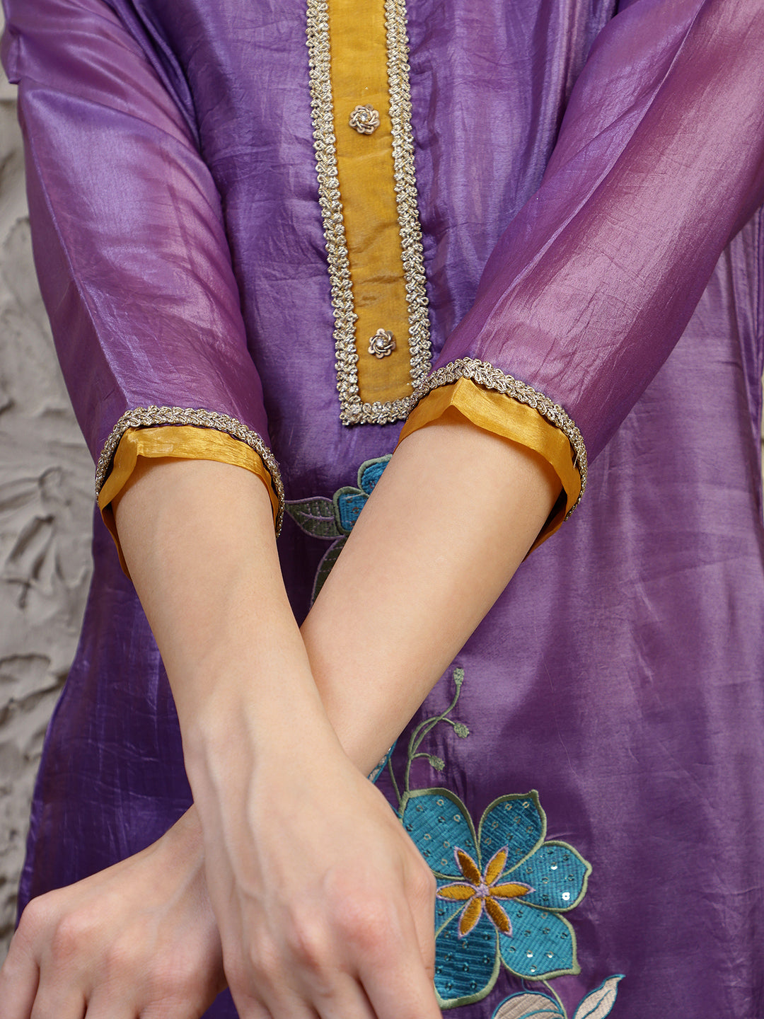 Hand Embroidered Kurta With Pant & Dual Toned Dupatta, Purple - Hiral Fashion