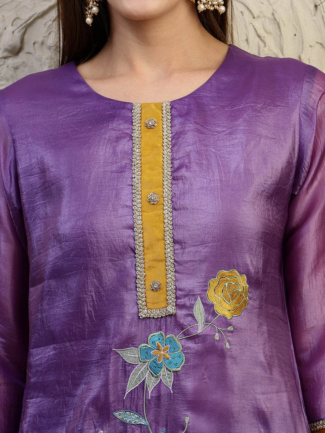 Hand Embroidered Kurta With Pant & Dual Toned Dupatta, Purple - Hiral Fashion