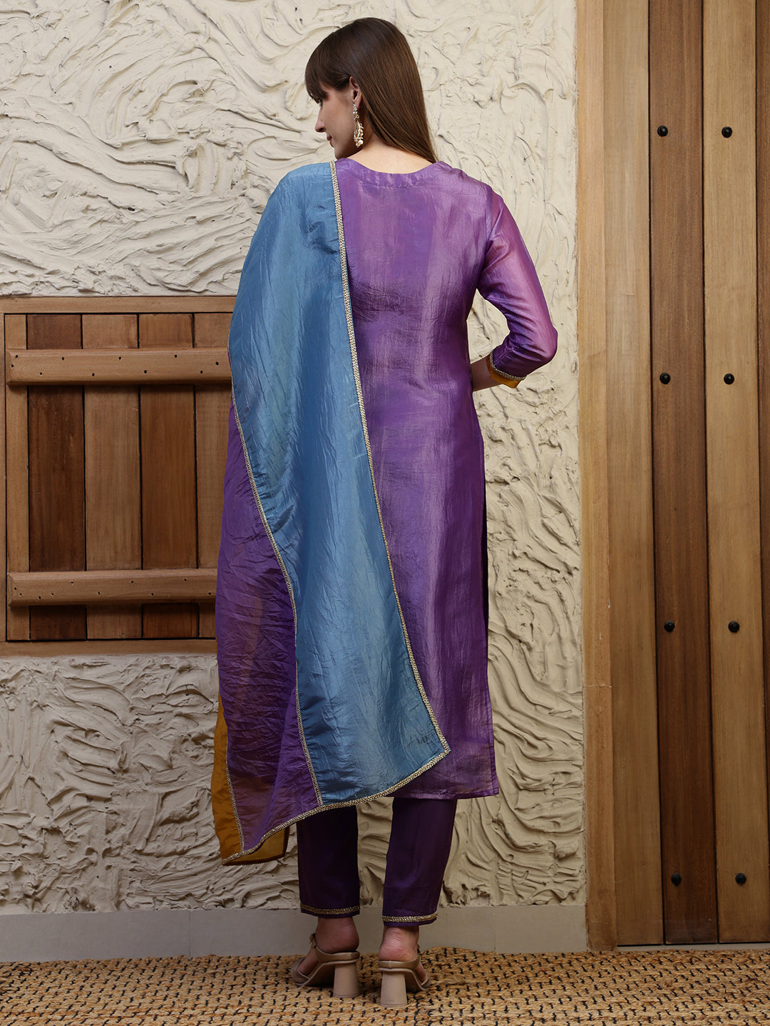 Hand Embroidered Kurta With Pant & Dual Toned Dupatta, Purple - Hiral Fashion