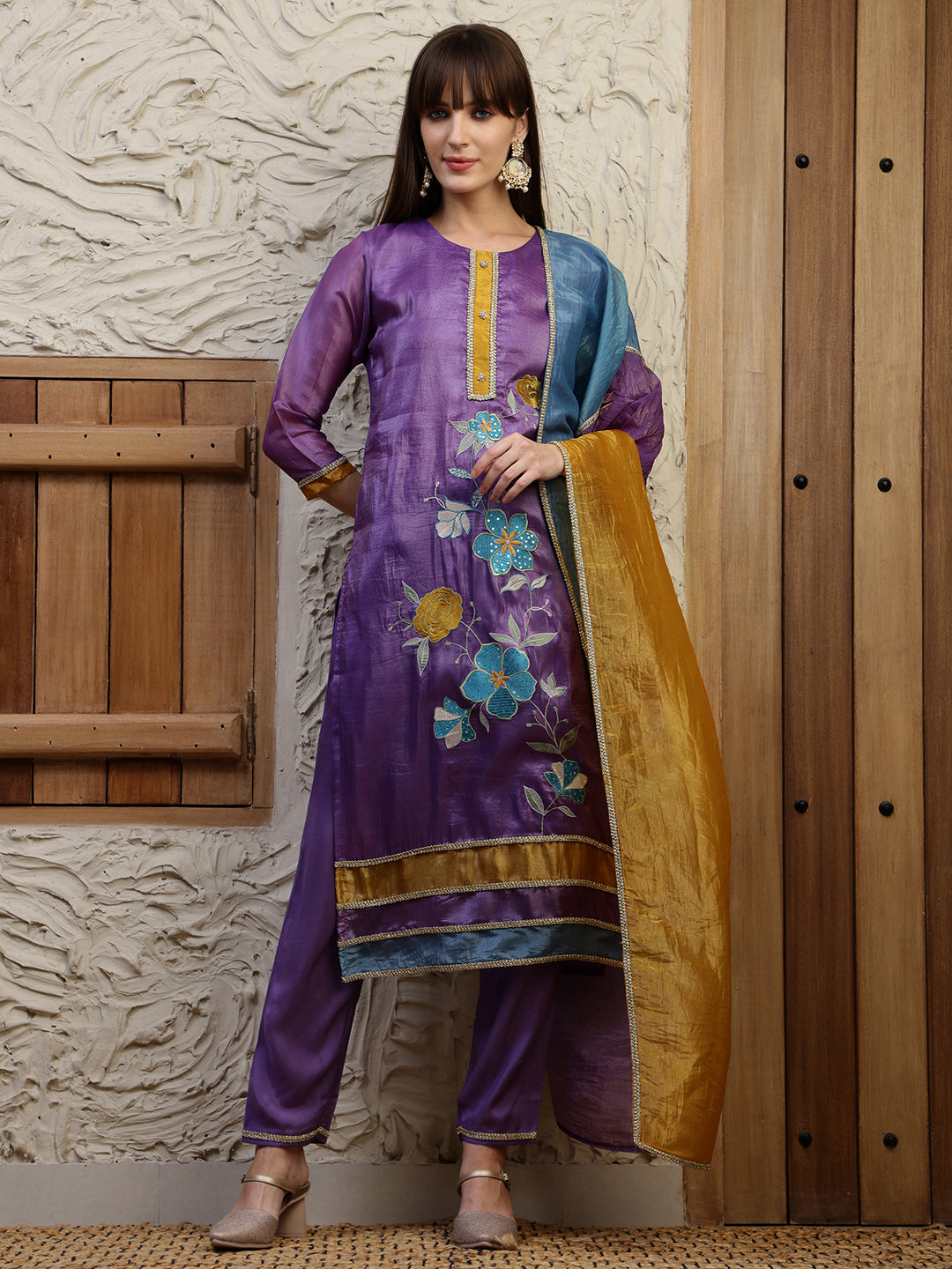 Hand Embroidered Kurta With Pant & Dual Toned Dupatta, Purple - Hiral Fashion