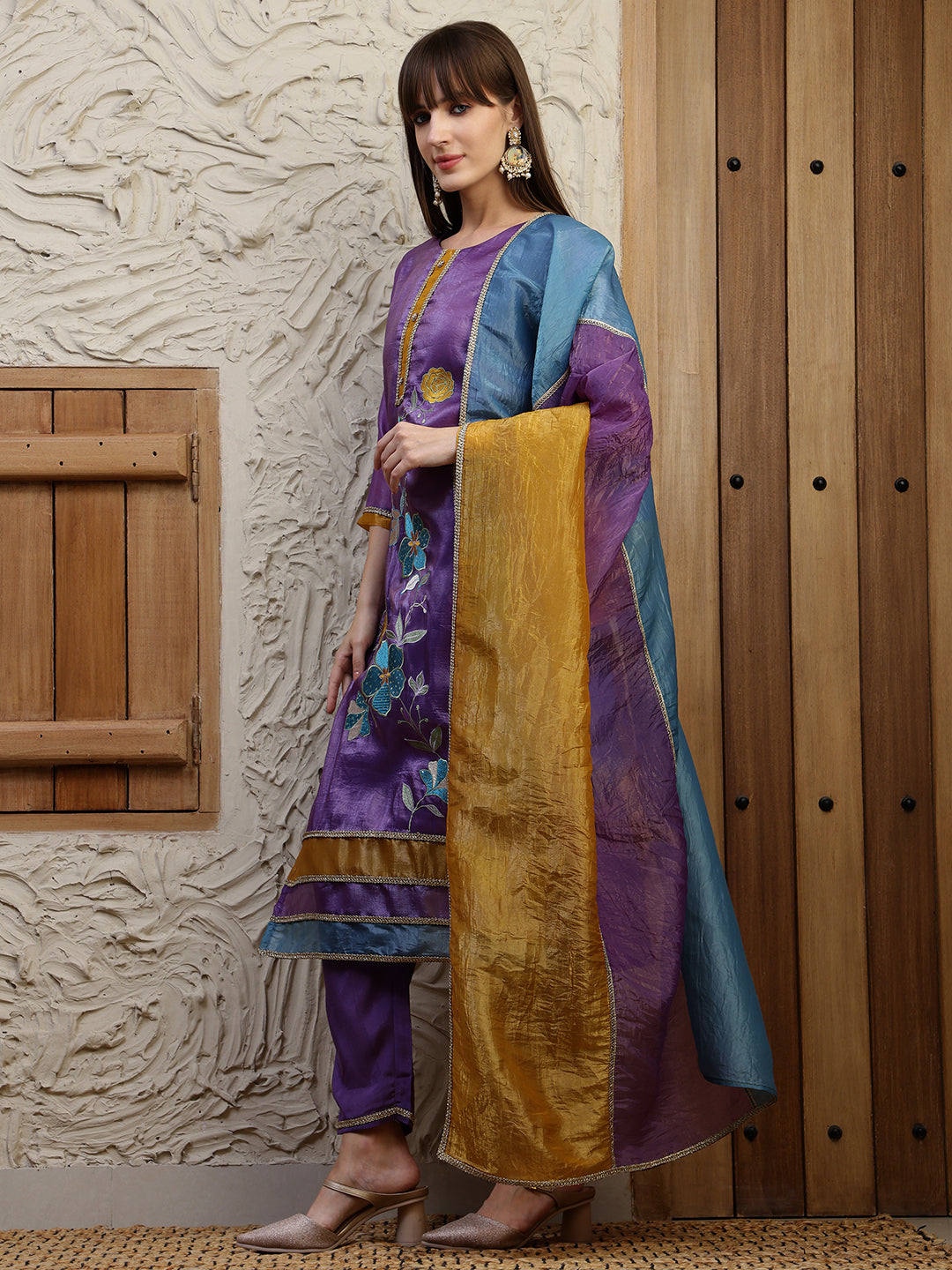 Hand Embroidered Kurta With Pant & Dual Toned Dupatta, Purple - Hiral Fashion