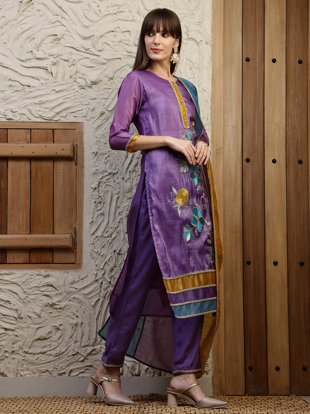 Hand Embroidered Kurta With Pant & Dual Toned Dupatta, Purple - Hiral Fashion