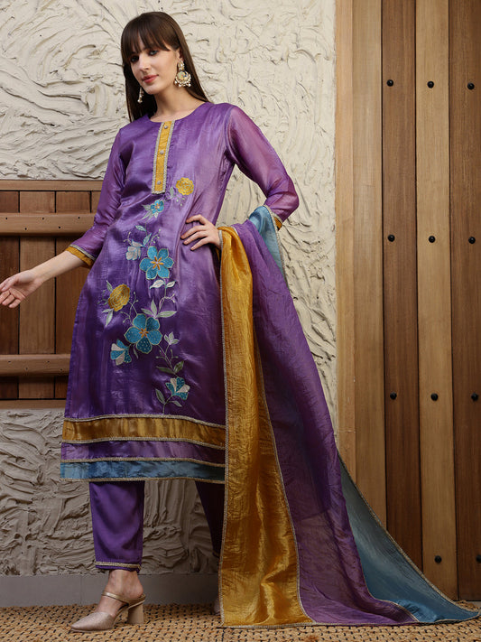 Hand Embroidered Kurta With Pant & Dual Toned Dupatta, Purple - Hiral Fashion