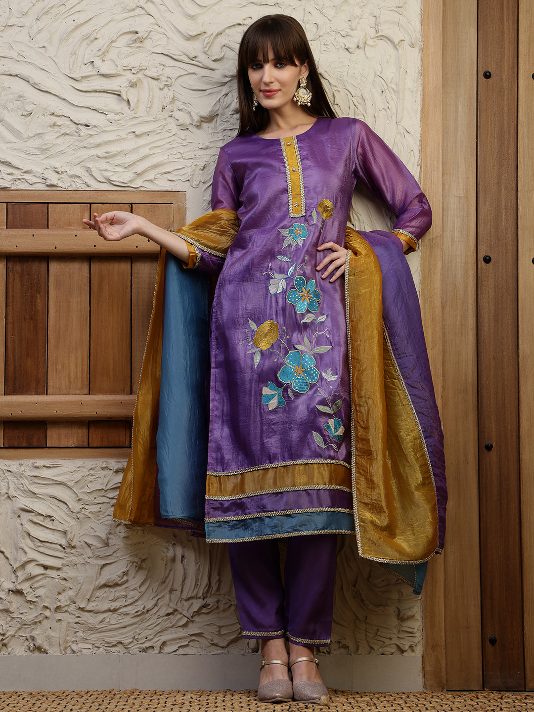 Hand Embroidered Kurta With Pant & Dual Toned Dupatta, Purple - Hiral Fashion