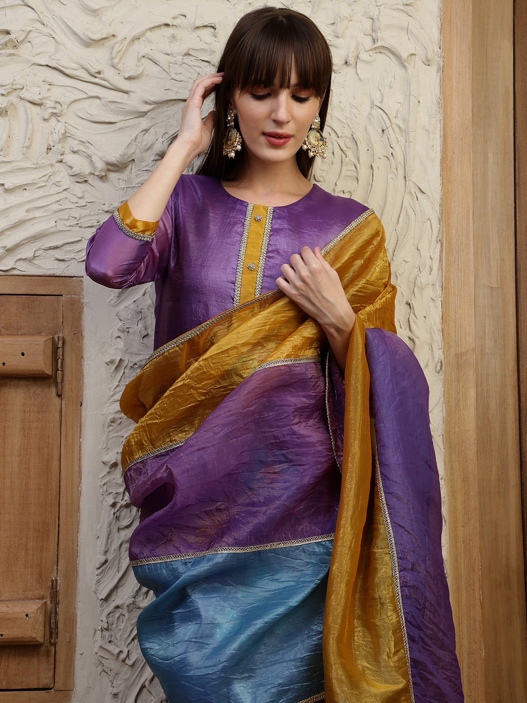 Hand Embroidered Kurta With Pant & Dual Toned Dupatta, Purple - Hiral Fashion