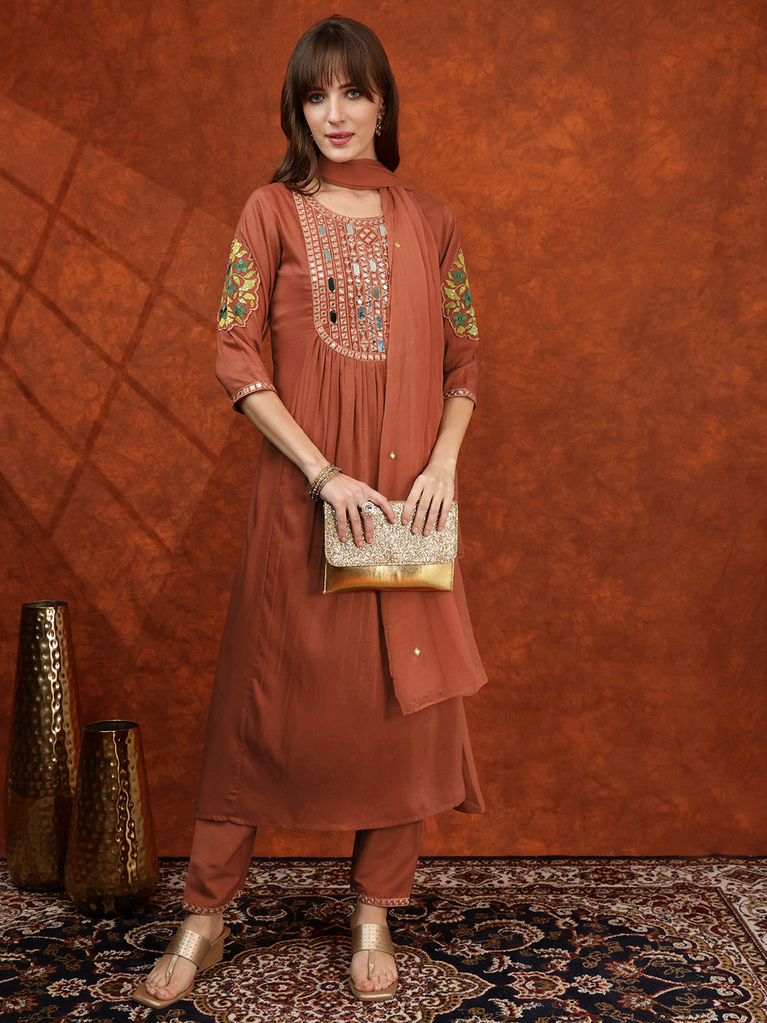 Mirror Embroidered Kurta With Pant & Embroidered Dupatta, Rust - Hiral Fashion