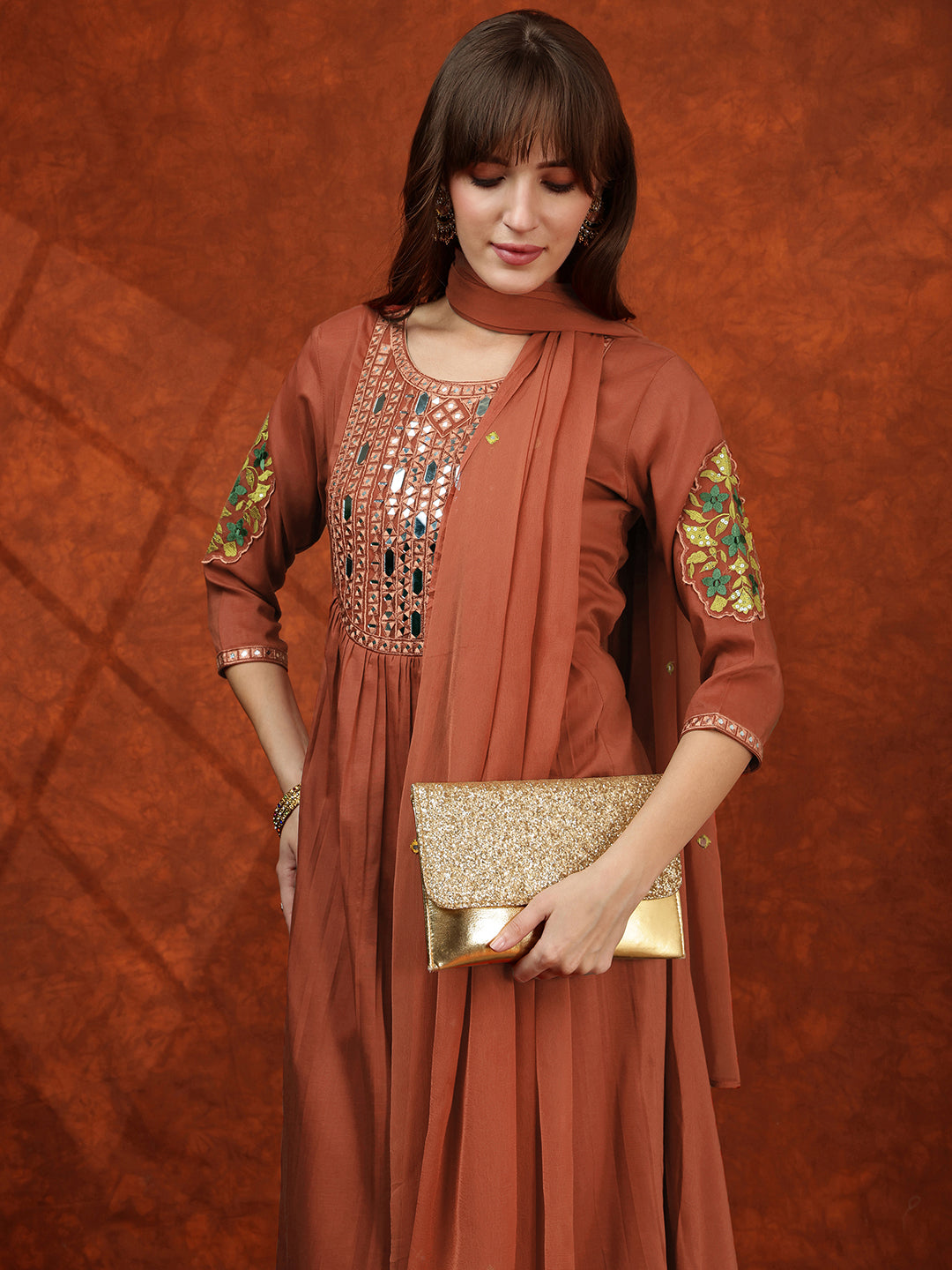Mirror Embroidered Kurta With Pant & Embroidered Dupatta, Rust - Hiral Fashion