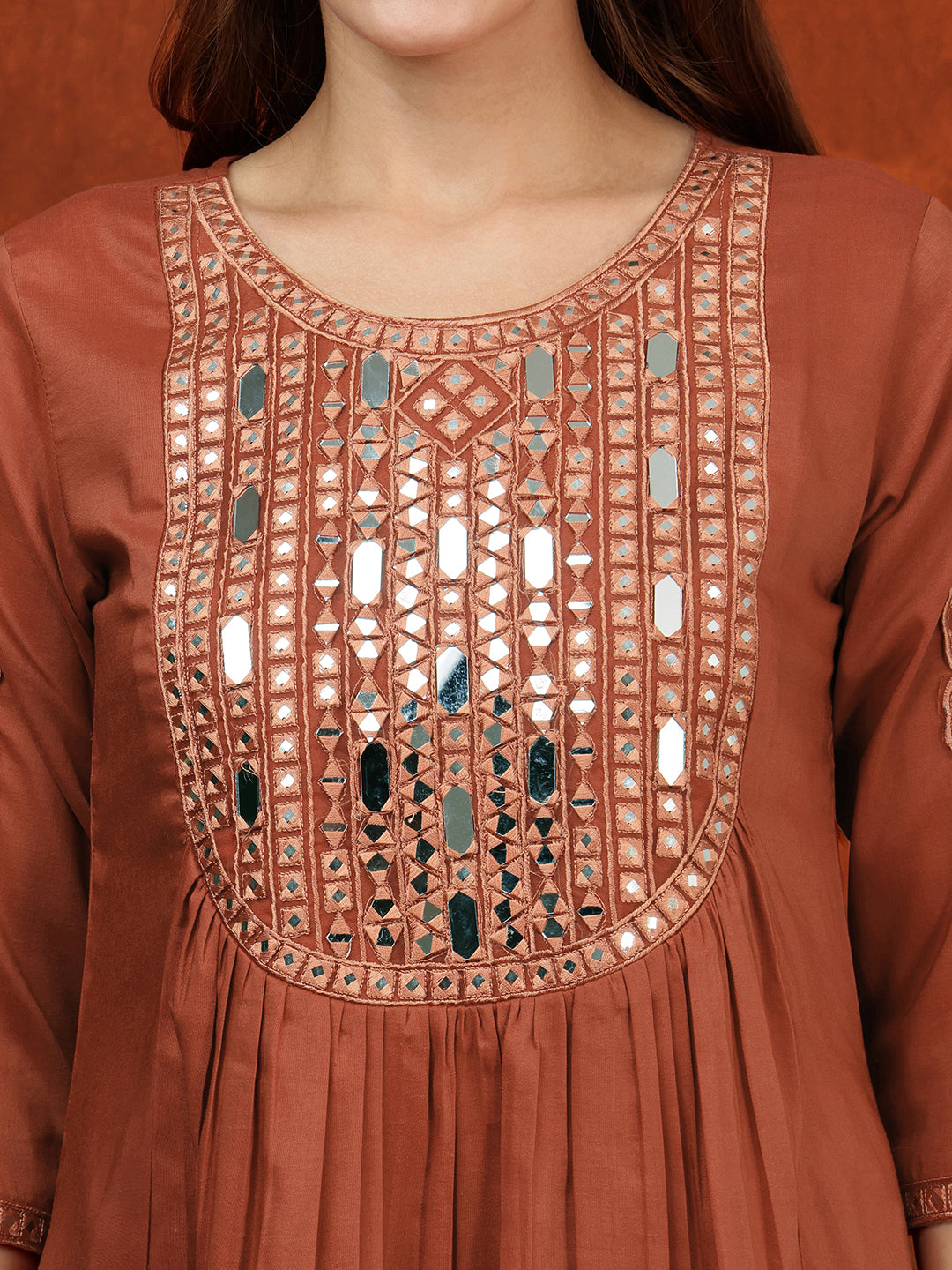 Mirror Embroidered Kurta With Pant & Embroidered Dupatta, Rust - Hiral Fashion