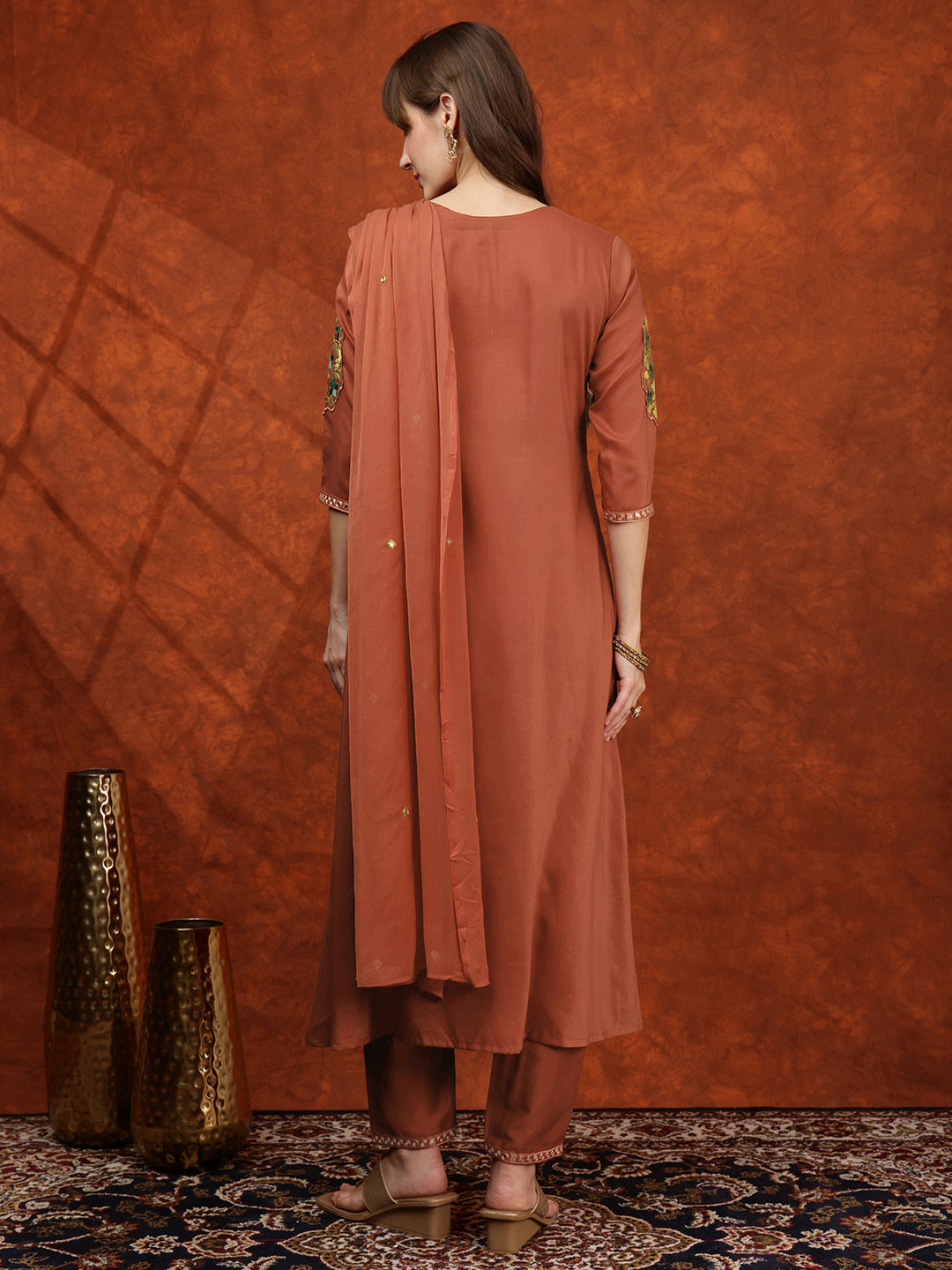 Mirror Embroidered Kurta With Pant & Embroidered Dupatta, Rust - Hiral Fashion