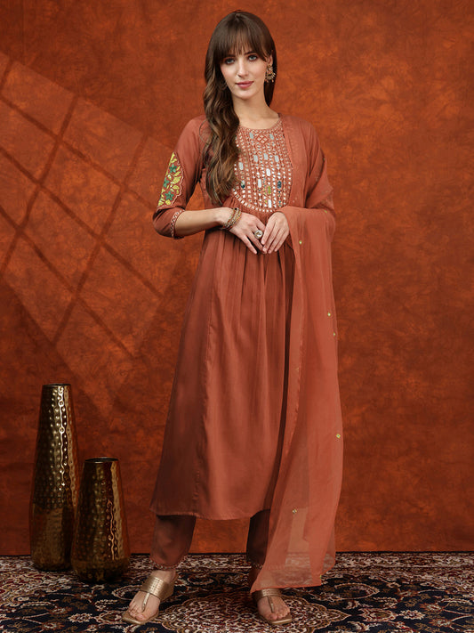 Mirror Embroidered Kurta With Pant & Embroidered Dupatta, Rust - Hiral Fashion