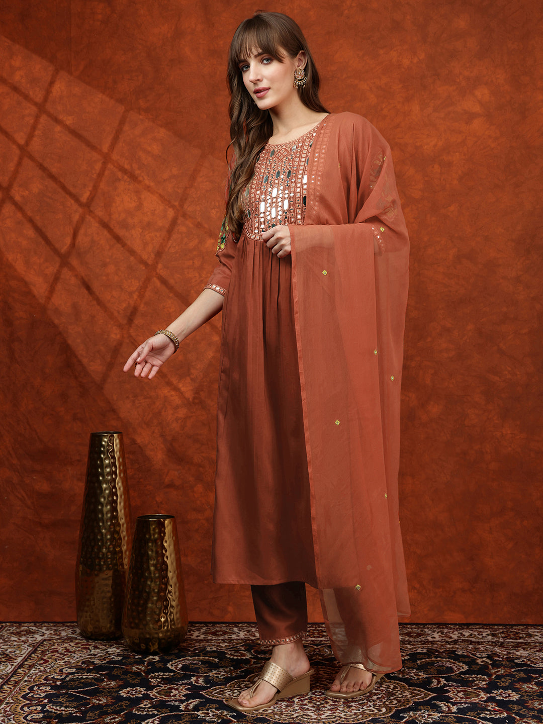 Mirror Embroidered Kurta With Pant & Embroidered Dupatta, Rust - Hiral Fashion