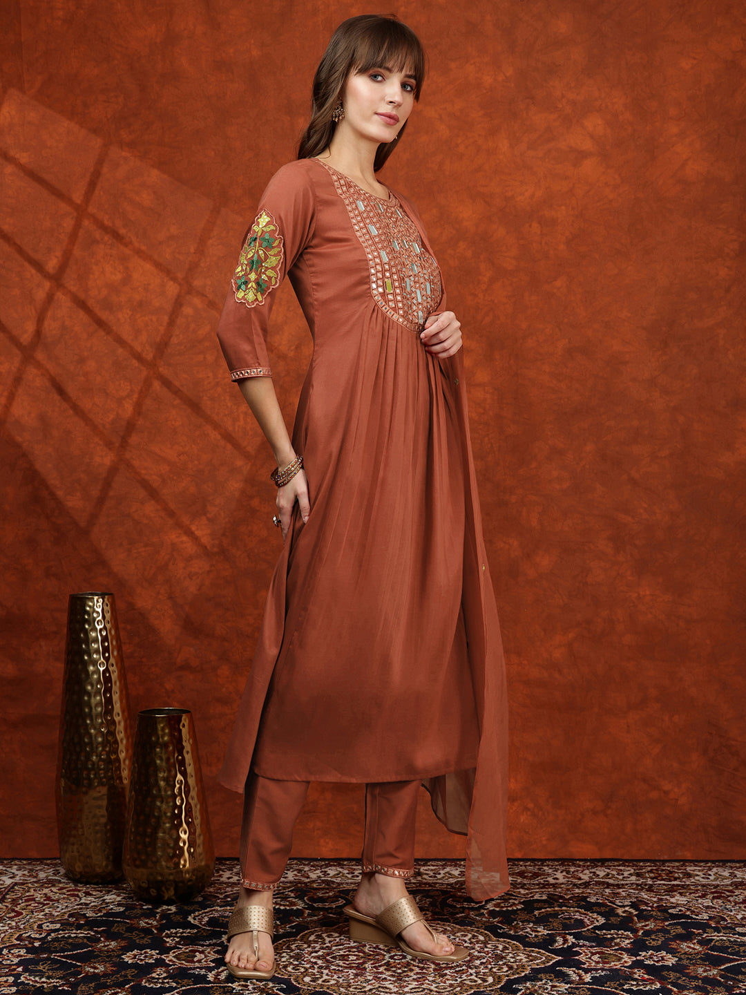Mirror Embroidered Kurta With Pant & Embroidered Dupatta, Rust - Hiral Fashion