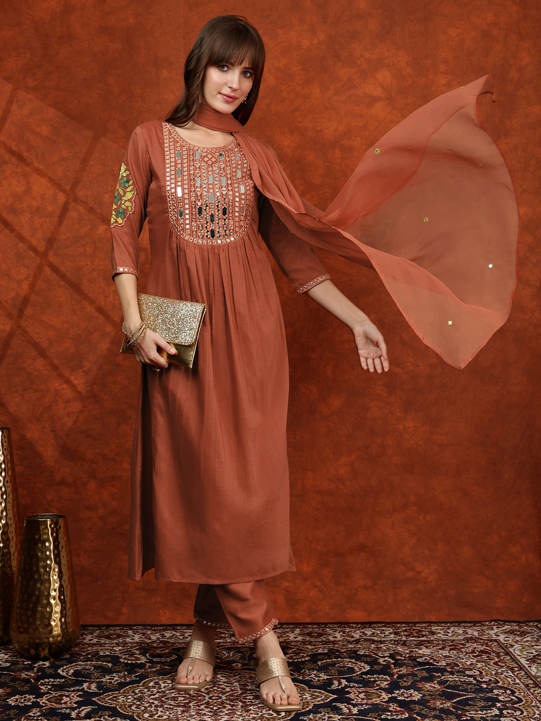 Mirror Embroidered Kurta With Pant & Embroidered Dupatta, Rust - Hiral Fashion
