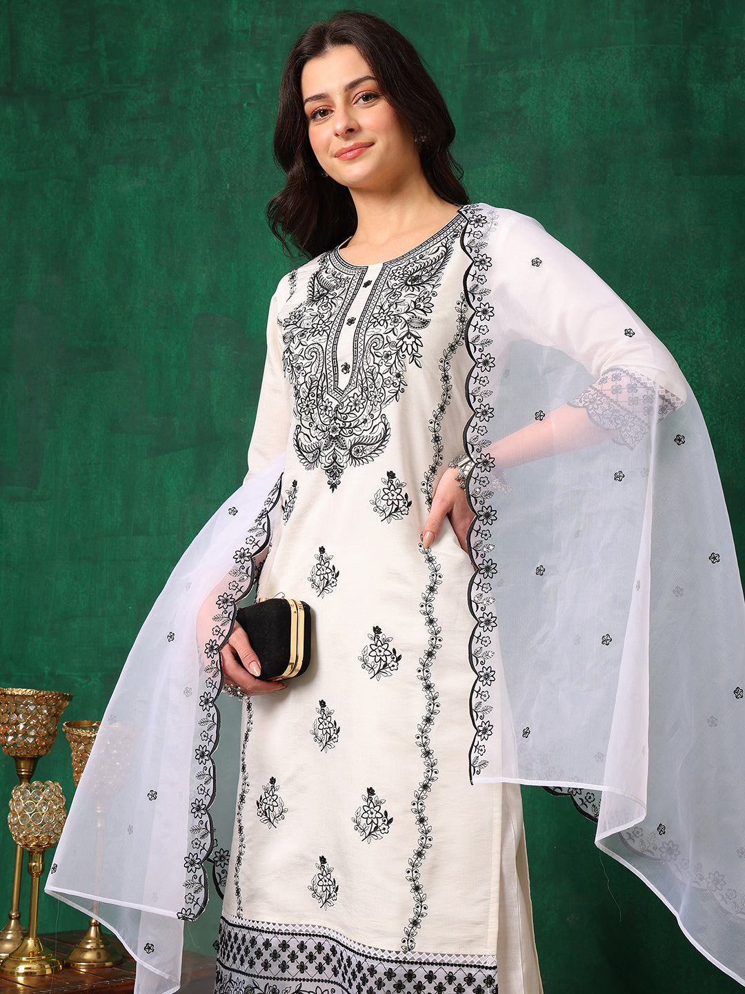 Embroidered Kurta With Pant & Embroidered Dupatta, White - Hiral Fashion