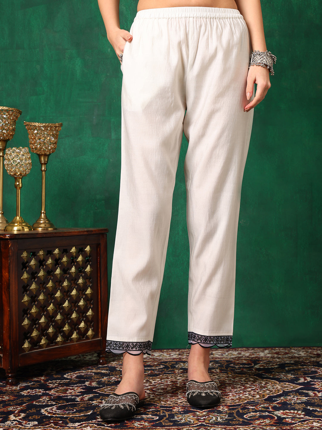 Embroidered Kurta With Pant & Embroidered Dupatta, White - Hiral Fashion