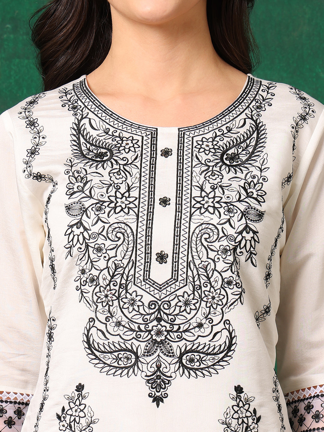 Embroidered Kurta With Pant & Embroidered Dupatta, White - Hiral Fashion