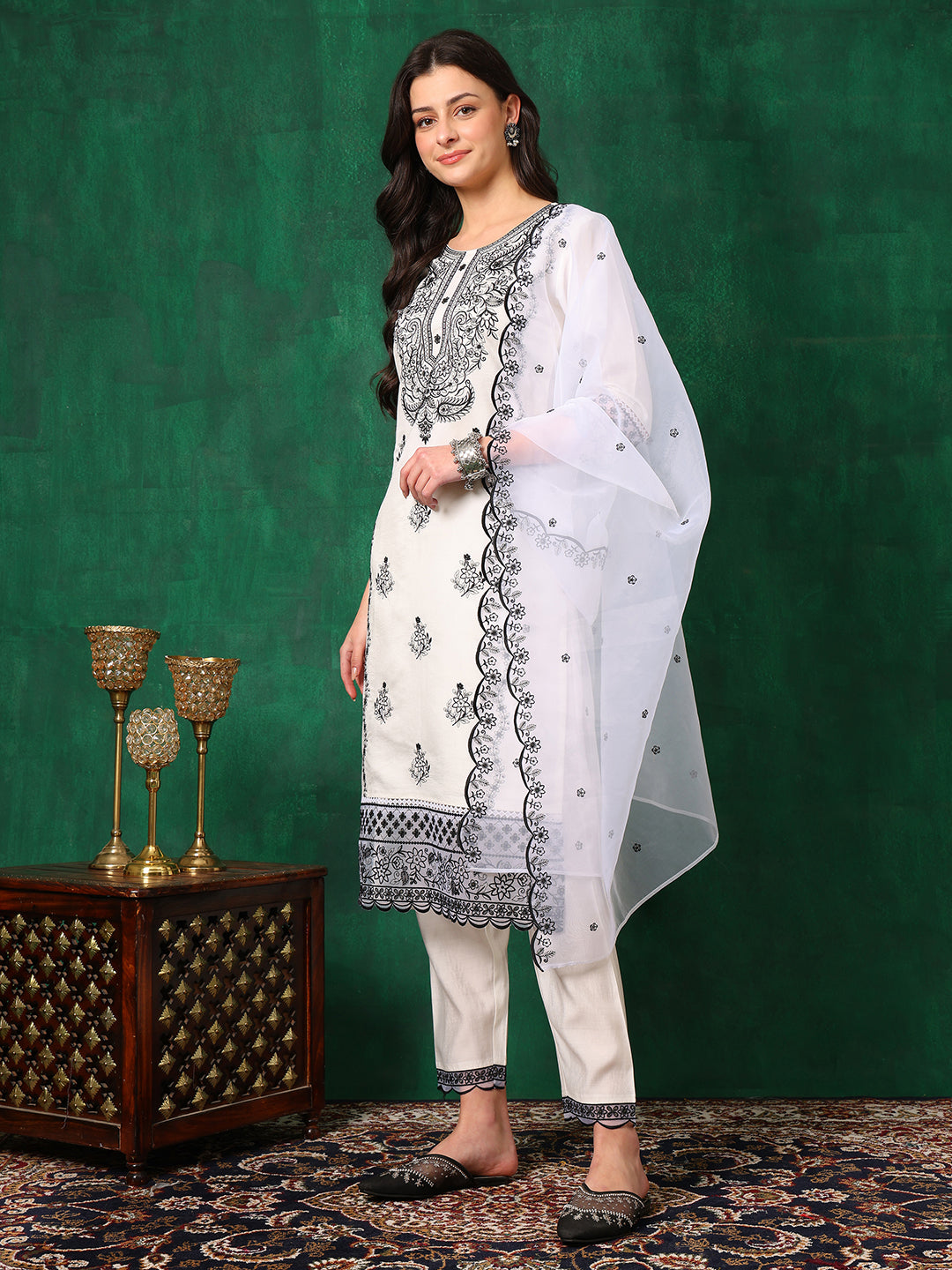 Embroidered Kurta With Pant & Embroidered Dupatta, White - Hiral Fashion