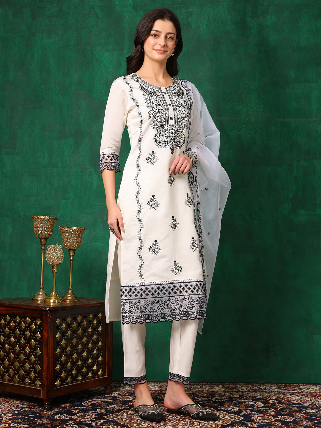 Embroidered Kurta With Pant & Embroidered Dupatta, White - Hiral Fashion