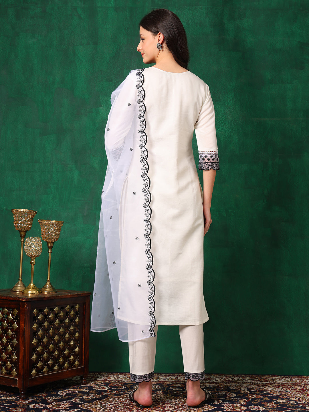 Embroidered Kurta With Pant & Embroidered Dupatta, White - Hiral Fashion