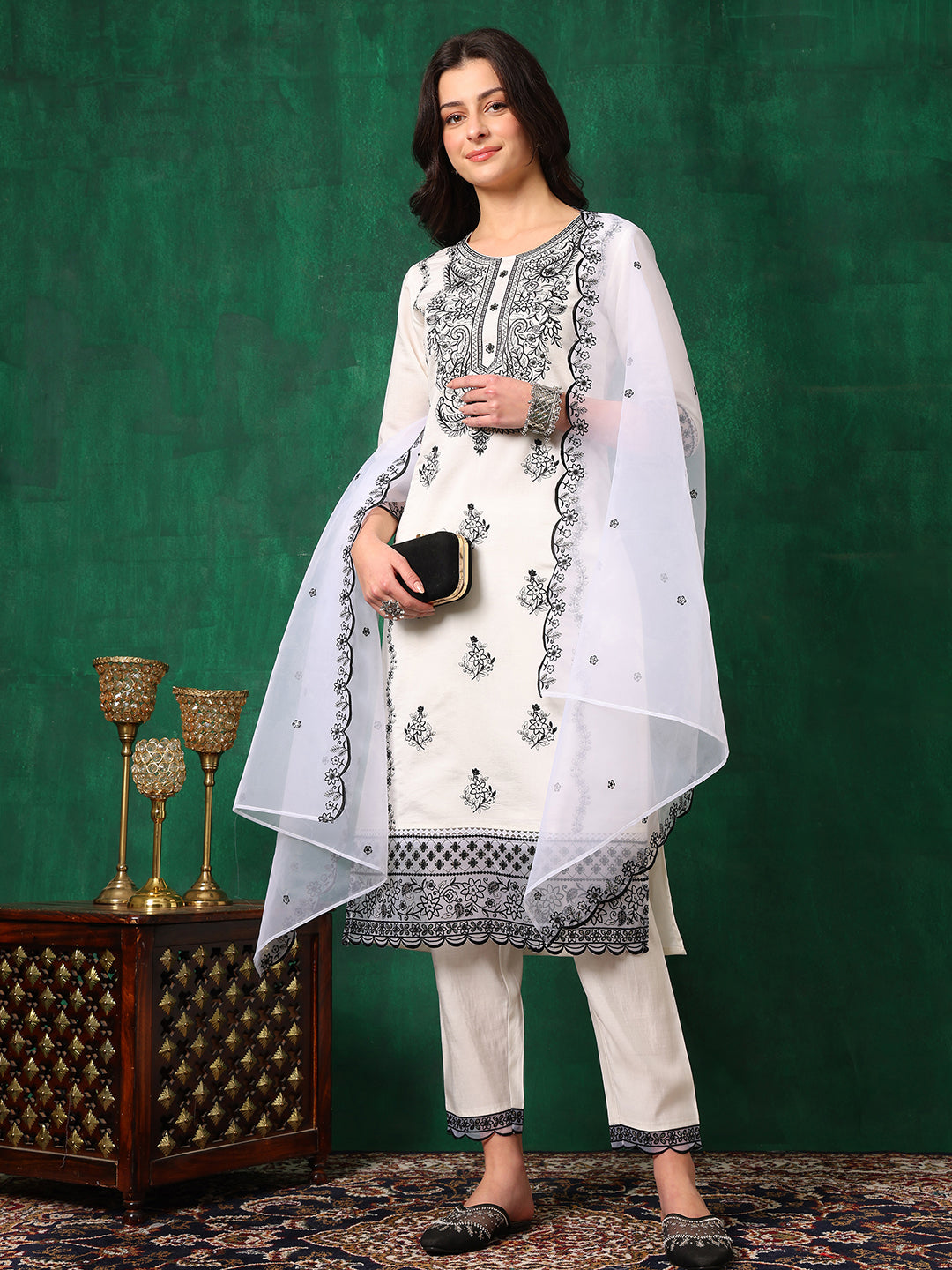 Embroidered Kurta With Pant & Embroidered Dupatta, White - Hiral Fashion