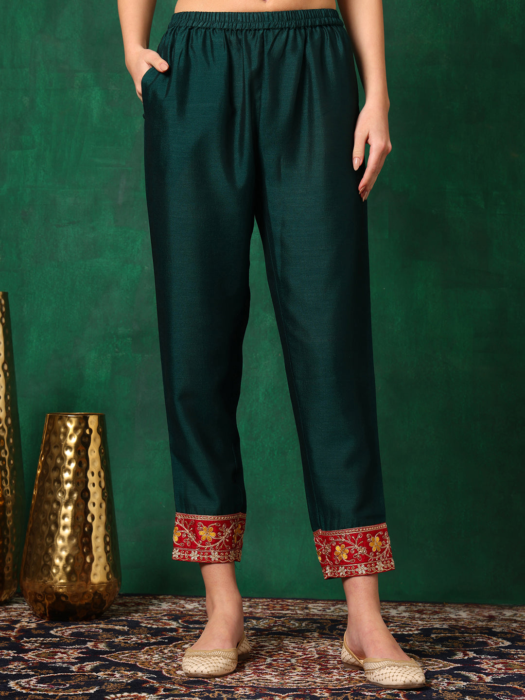 Embroidered Kurta With Pant & Embroidered Dupatta, Bottle-Green - Hiral Fashion