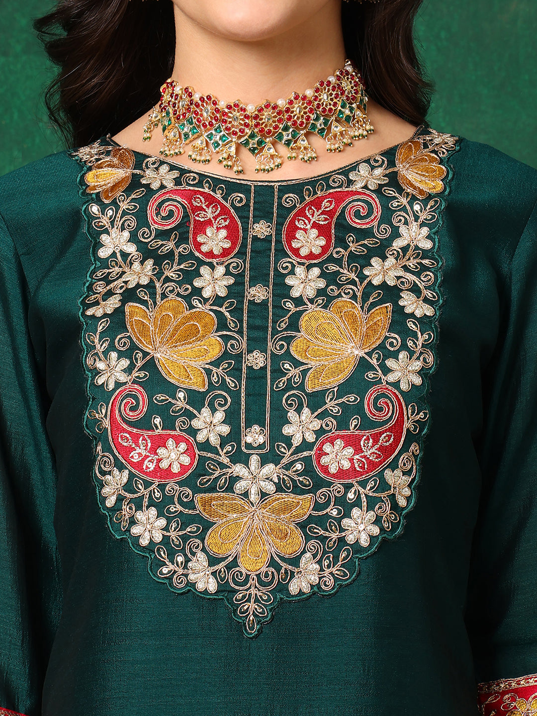 Embroidered Kurta With Pant & Embroidered Dupatta, Bottle-Green - Hiral Fashion