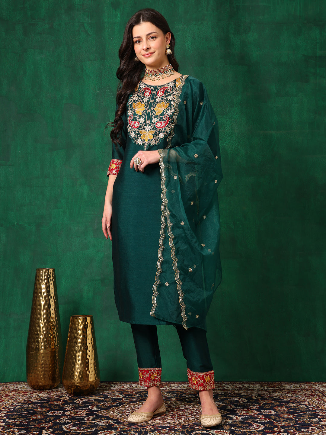 Embroidered Kurta With Pant & Embroidered Dupatta, Bottle-Green - Hiral Fashion