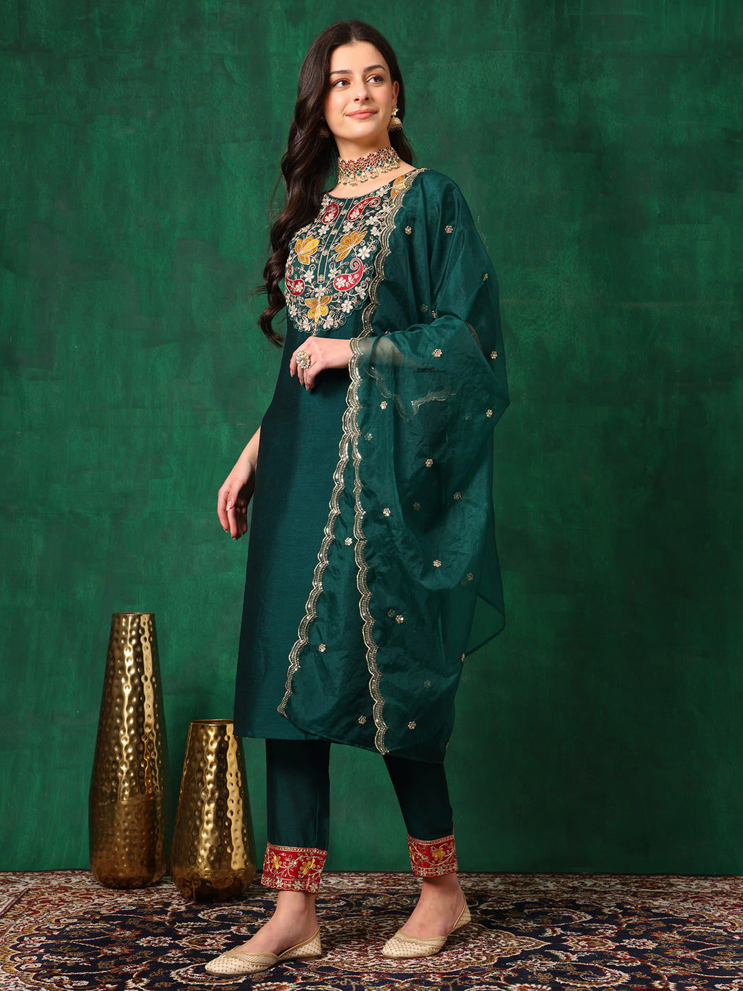 Embroidered Kurta With Pant & Embroidered Dupatta, Bottle-Green - Hiral Fashion
