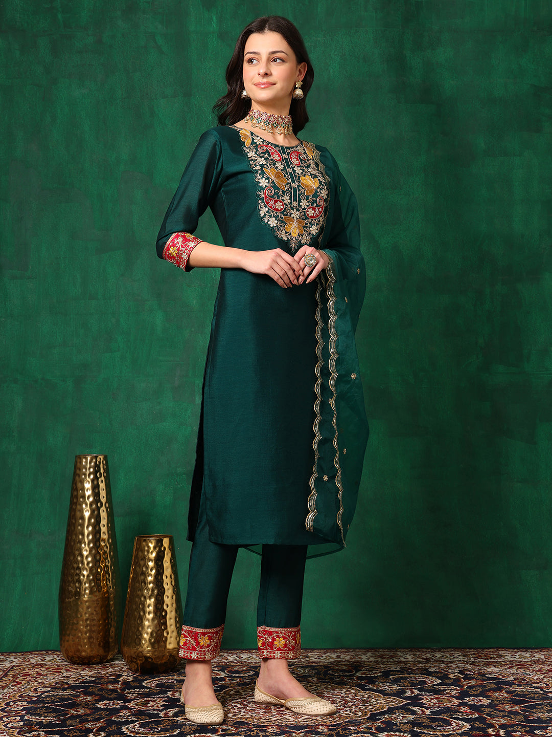 Embroidered Kurta With Pant & Embroidered Dupatta, Bottle-Green - Hiral Fashion