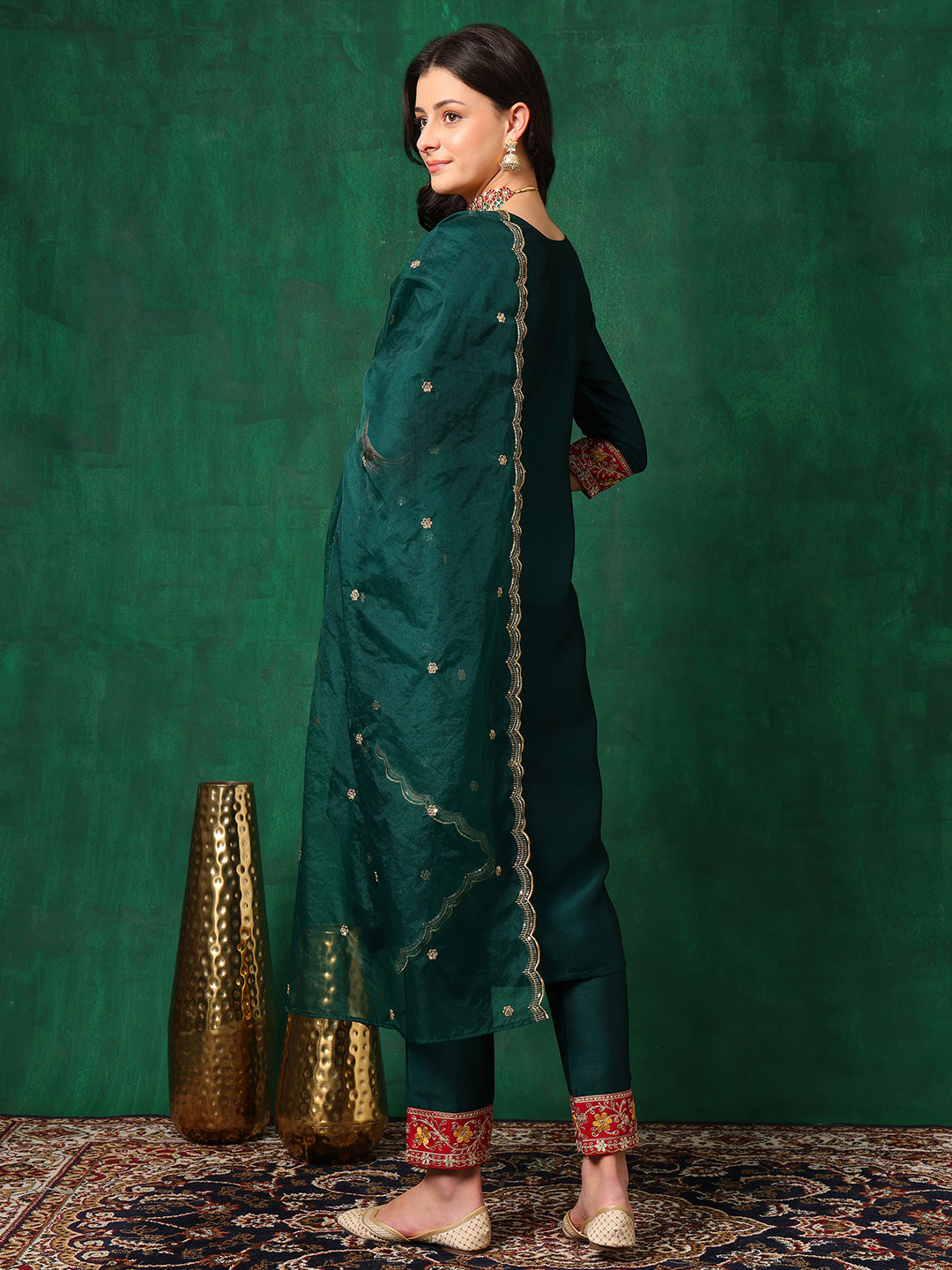 Embroidered Kurta With Pant & Embroidered Dupatta, Bottle-Green - Hiral Fashion