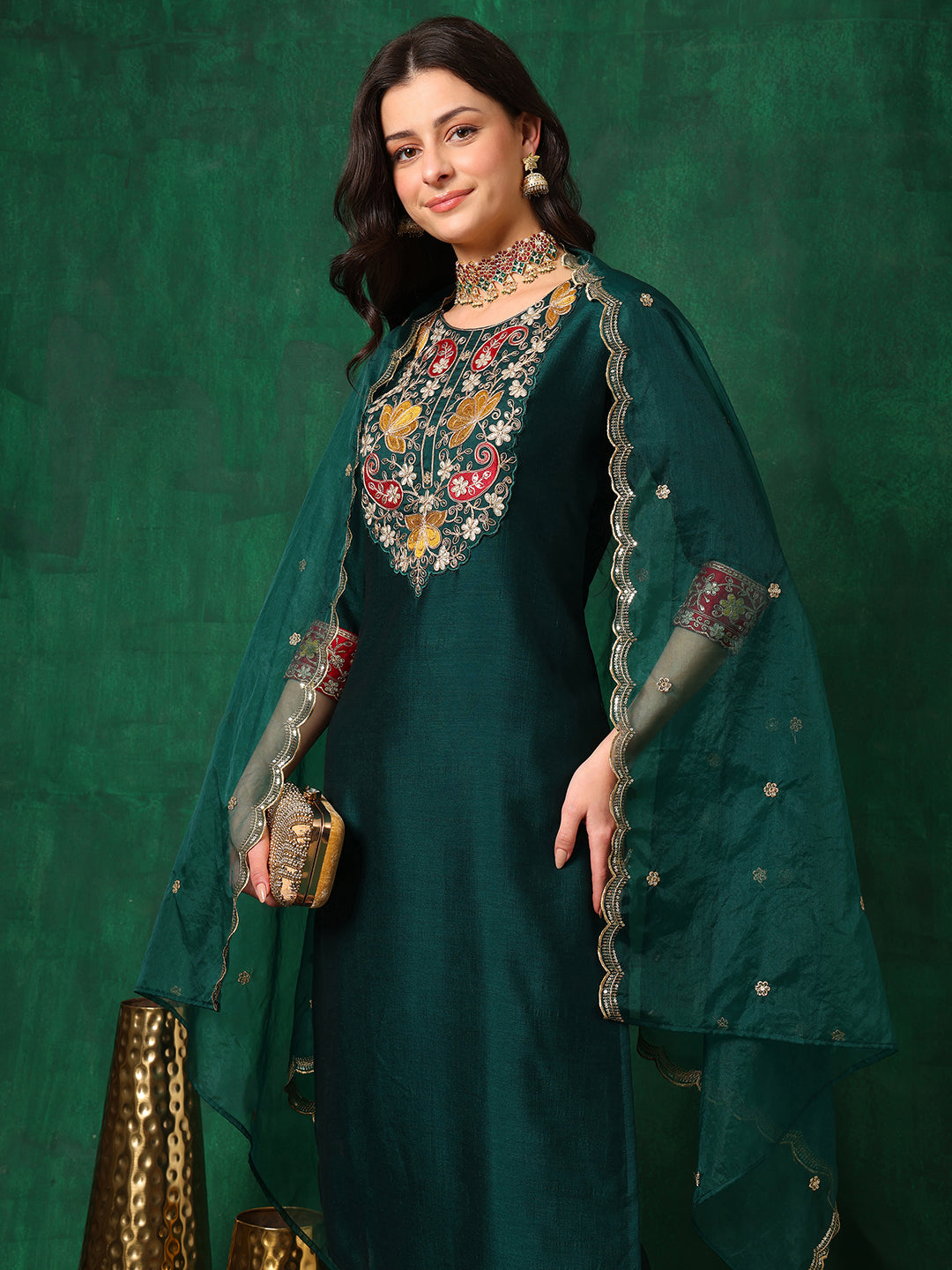 Embroidered Kurta With Pant & Embroidered Dupatta, Bottle-Green - Hiral Fashion