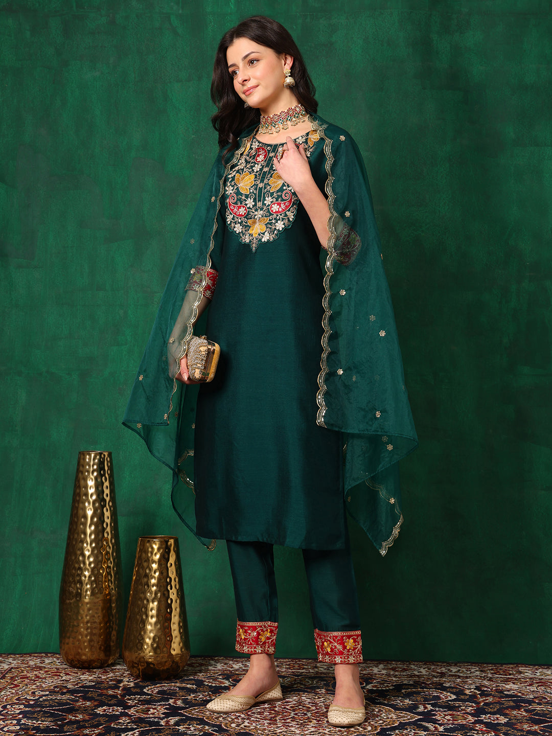 Embroidered Kurta With Pant & Embroidered Dupatta, Bottle-Green - Hiral Fashion