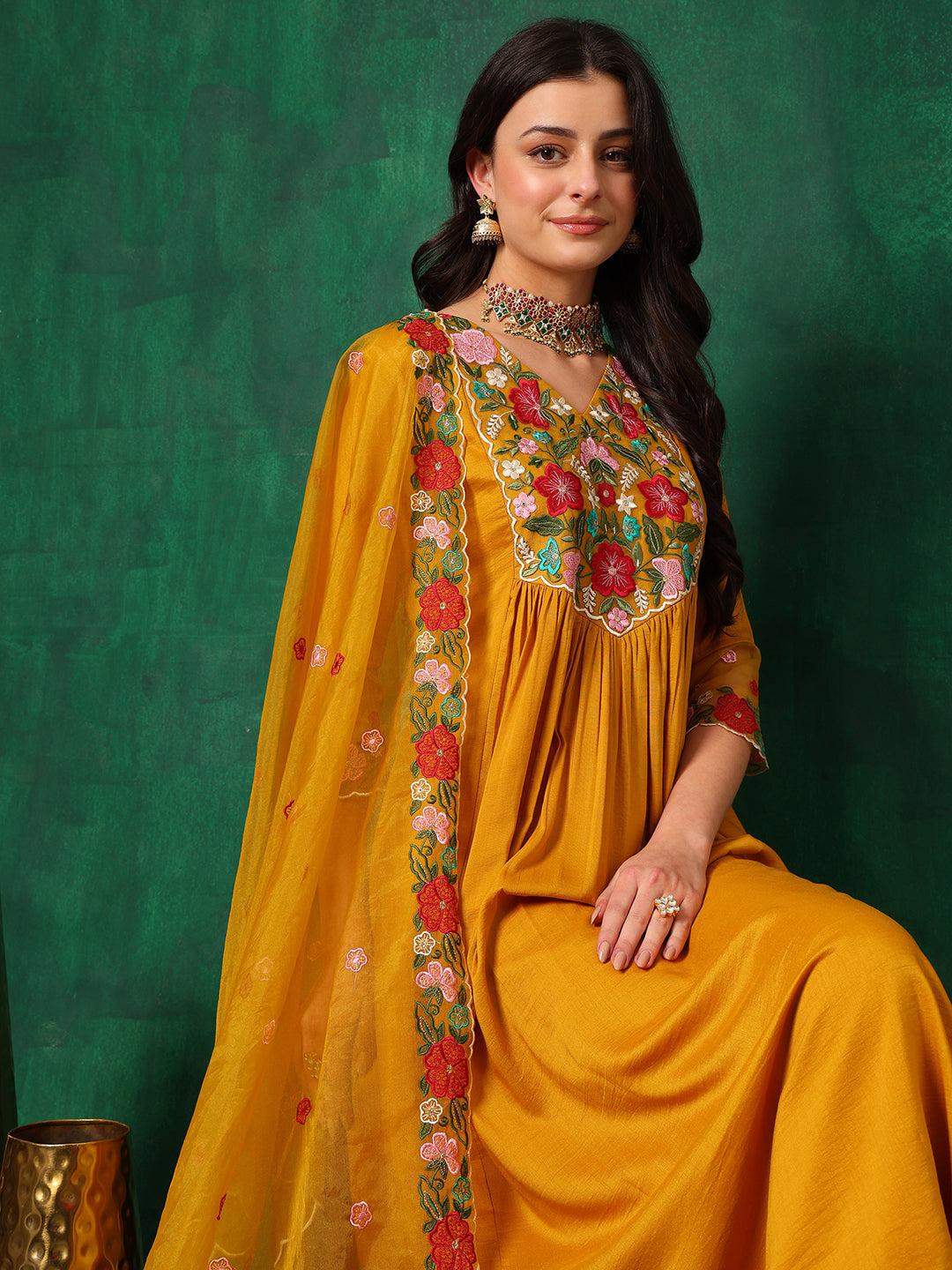 Aline Embroidered Kurta With Pant & Embroidered Dupatta, Mustard - Hiral Fashion