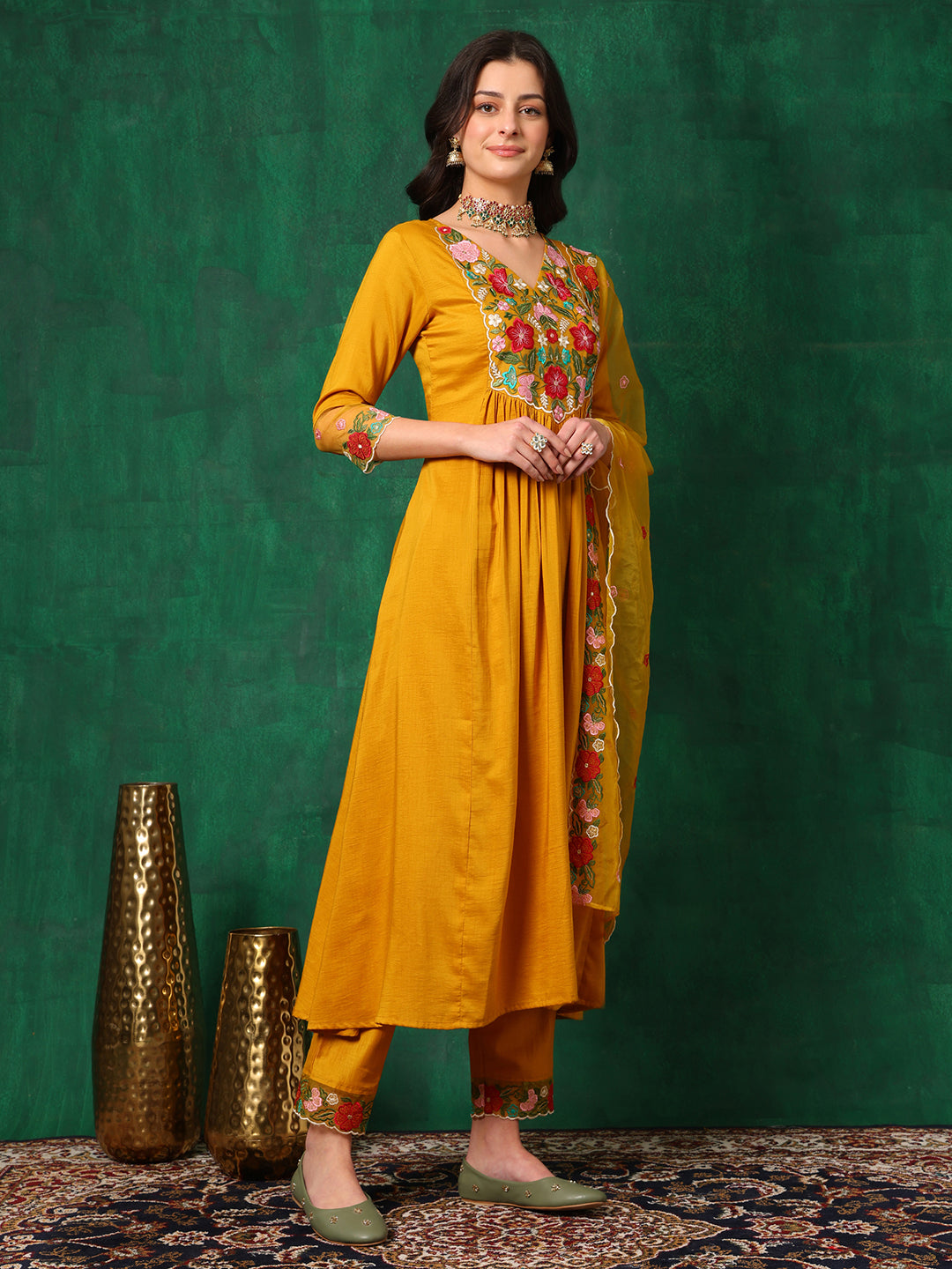 Aline Embroidered Kurta With Pant & Embroidered Dupatta, Mustard - Hiral Fashion
