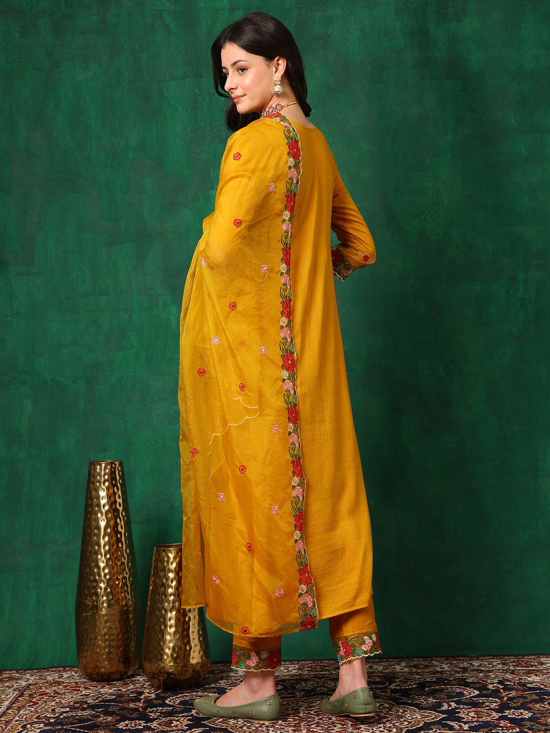 Aline Embroidered Kurta With Pant & Embroidered Dupatta, Mustard - Hiral Fashion