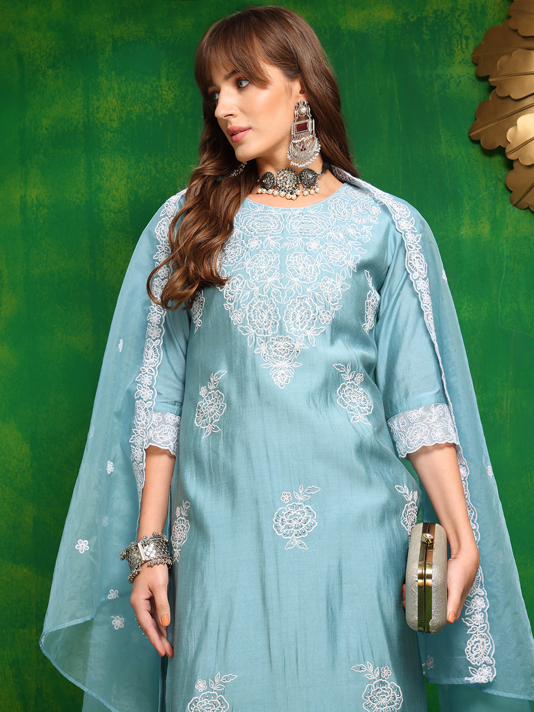 Embroidered Kurta With Pant & Dupatta, Aqua-Blue - Hiral Fashion