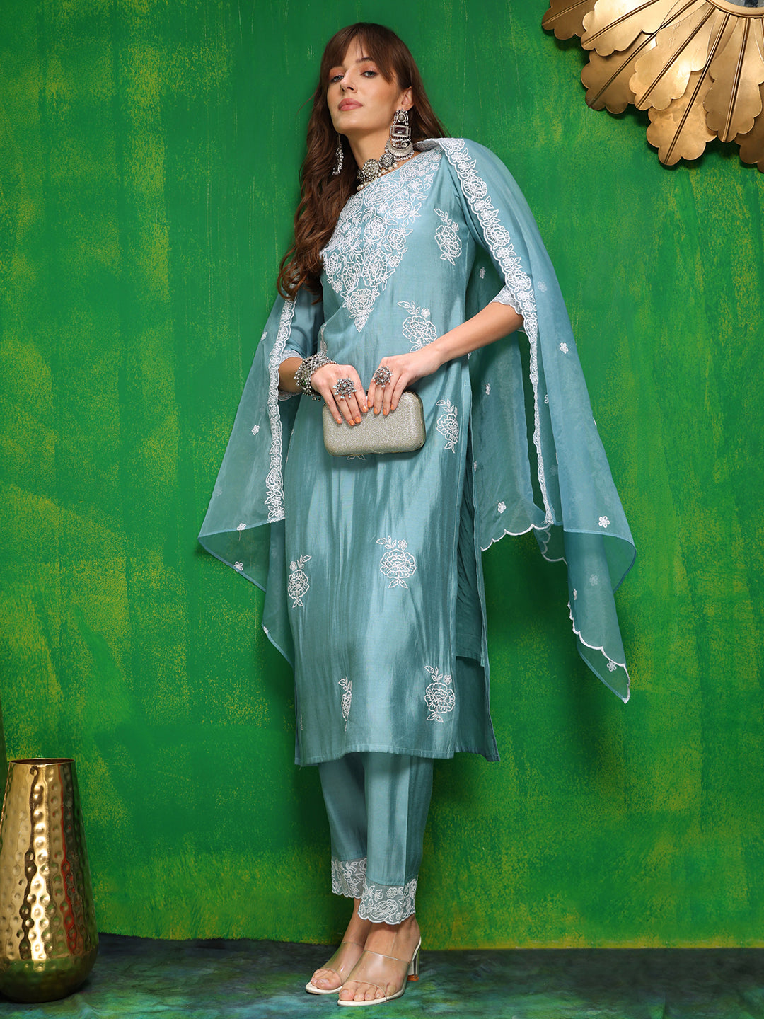Embroidered Kurta With Pant & Dupatta, Aqua-Blue - Hiral Fashion