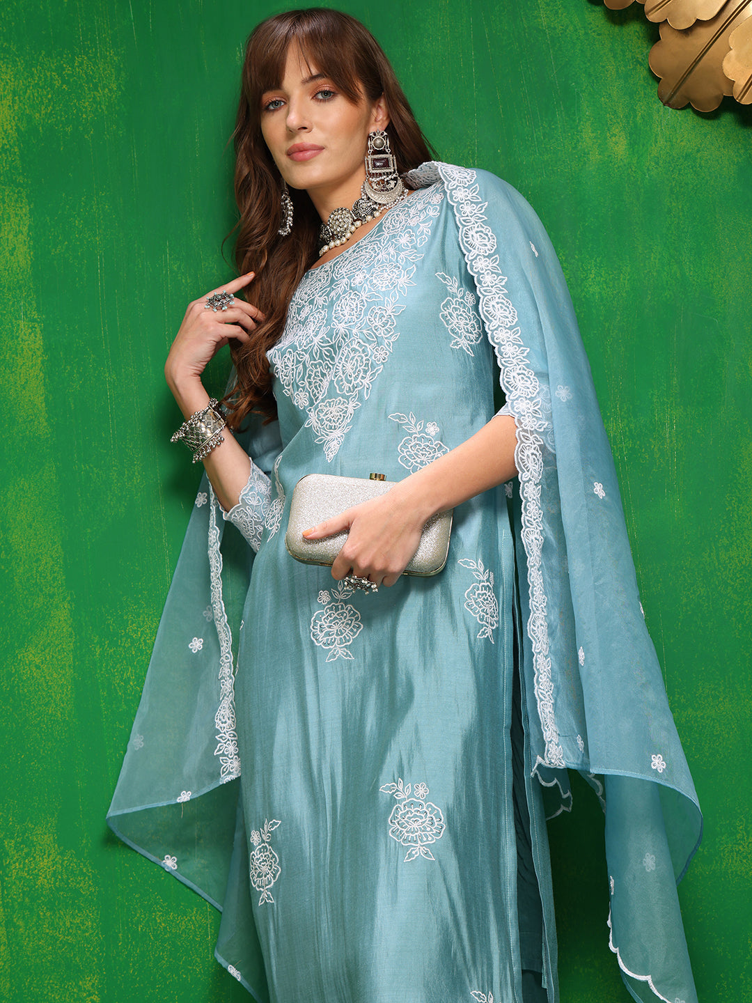 Embroidered Kurta With Pant & Dupatta, Aqua-Blue - Hiral Fashion
