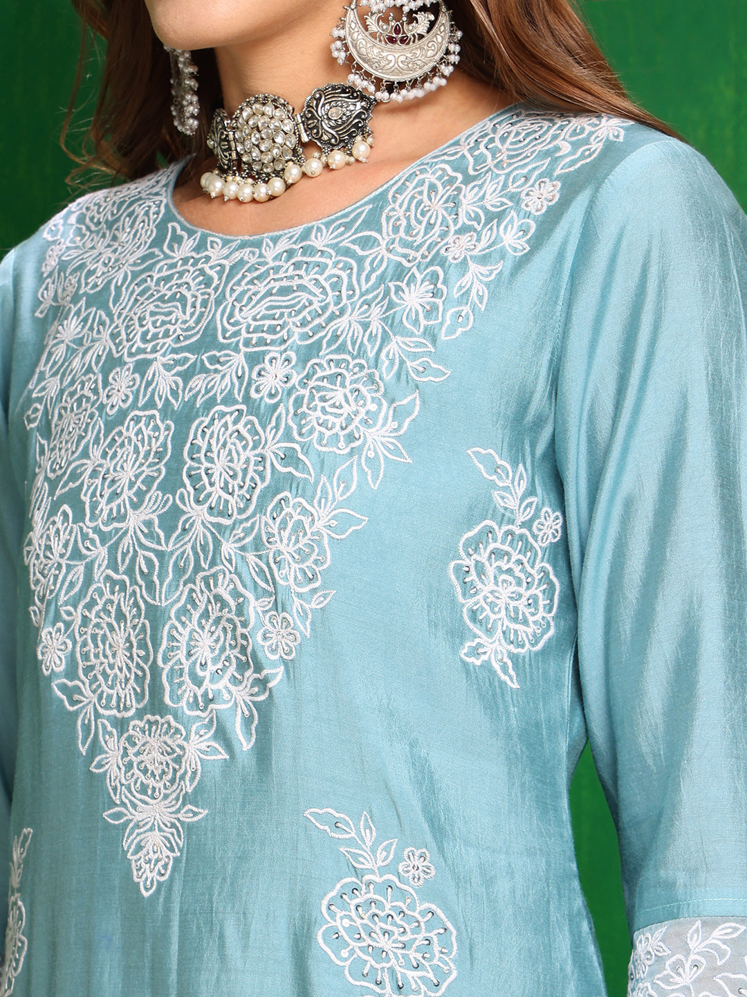 Embroidered Kurta With Pant & Dupatta, Aqua-Blue - Hiral Fashion