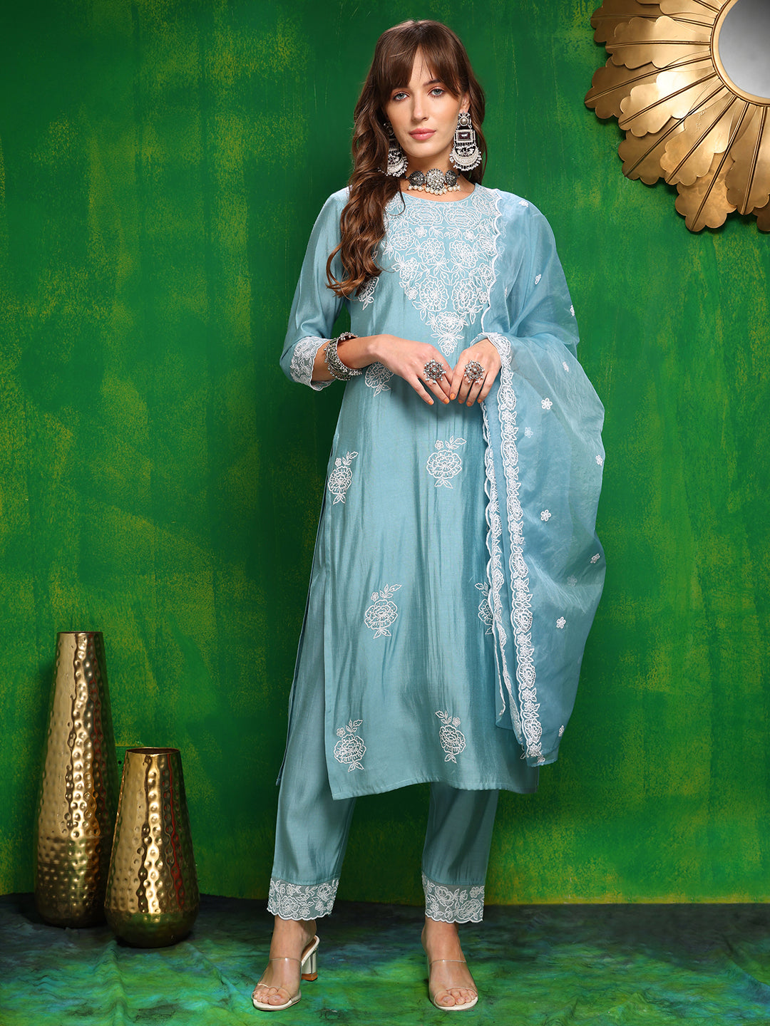 Embroidered Kurta With Pant & Dupatta, Aqua-Blue - Hiral Fashion
