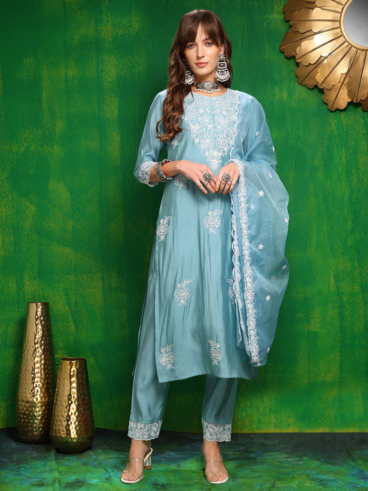 Embroidered Kurta With Pant & Dupatta, Aqua-Blue - Hiral Fashion