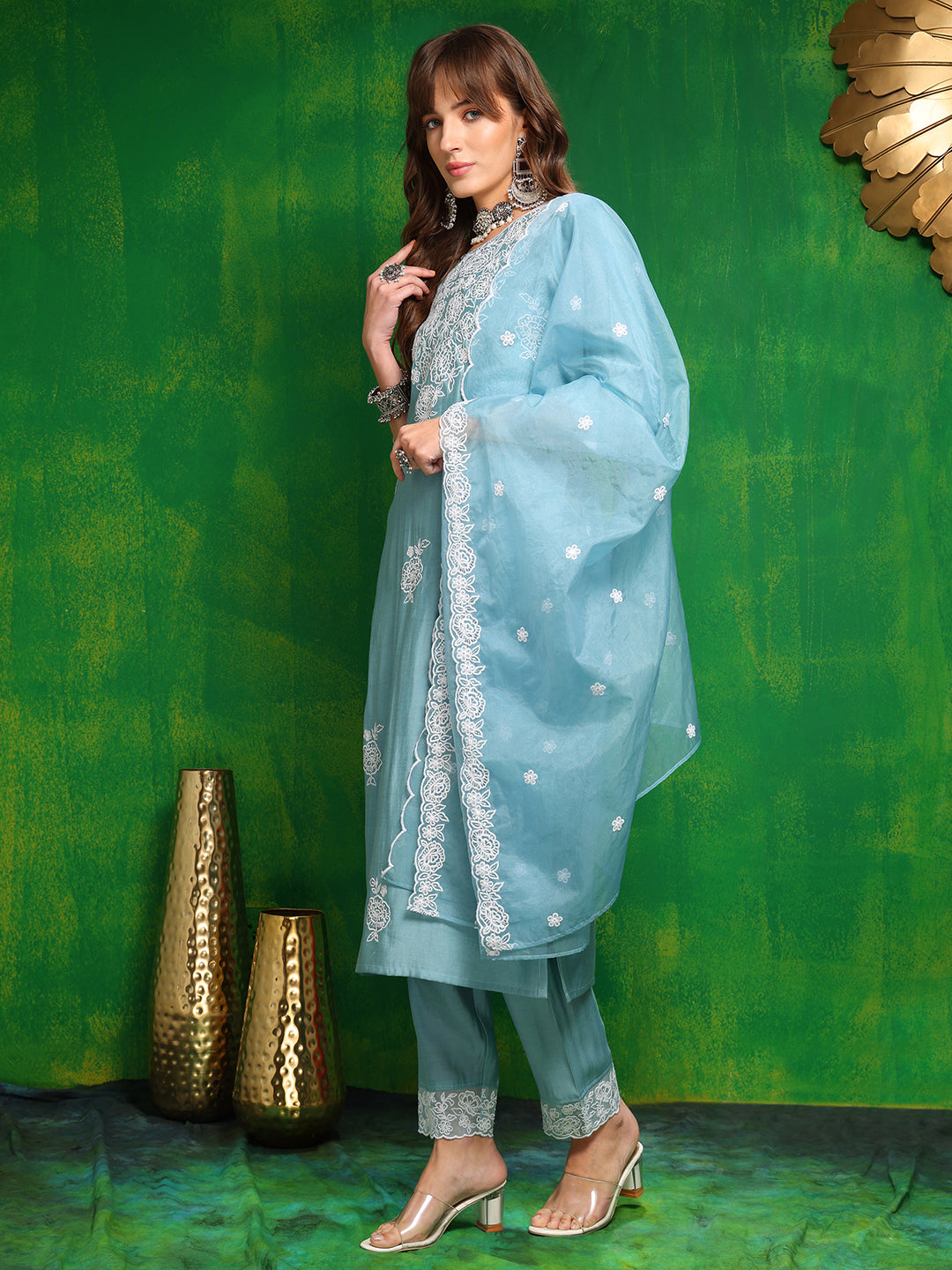 Embroidered Kurta With Pant & Dupatta, Aqua-Blue - Hiral Fashion