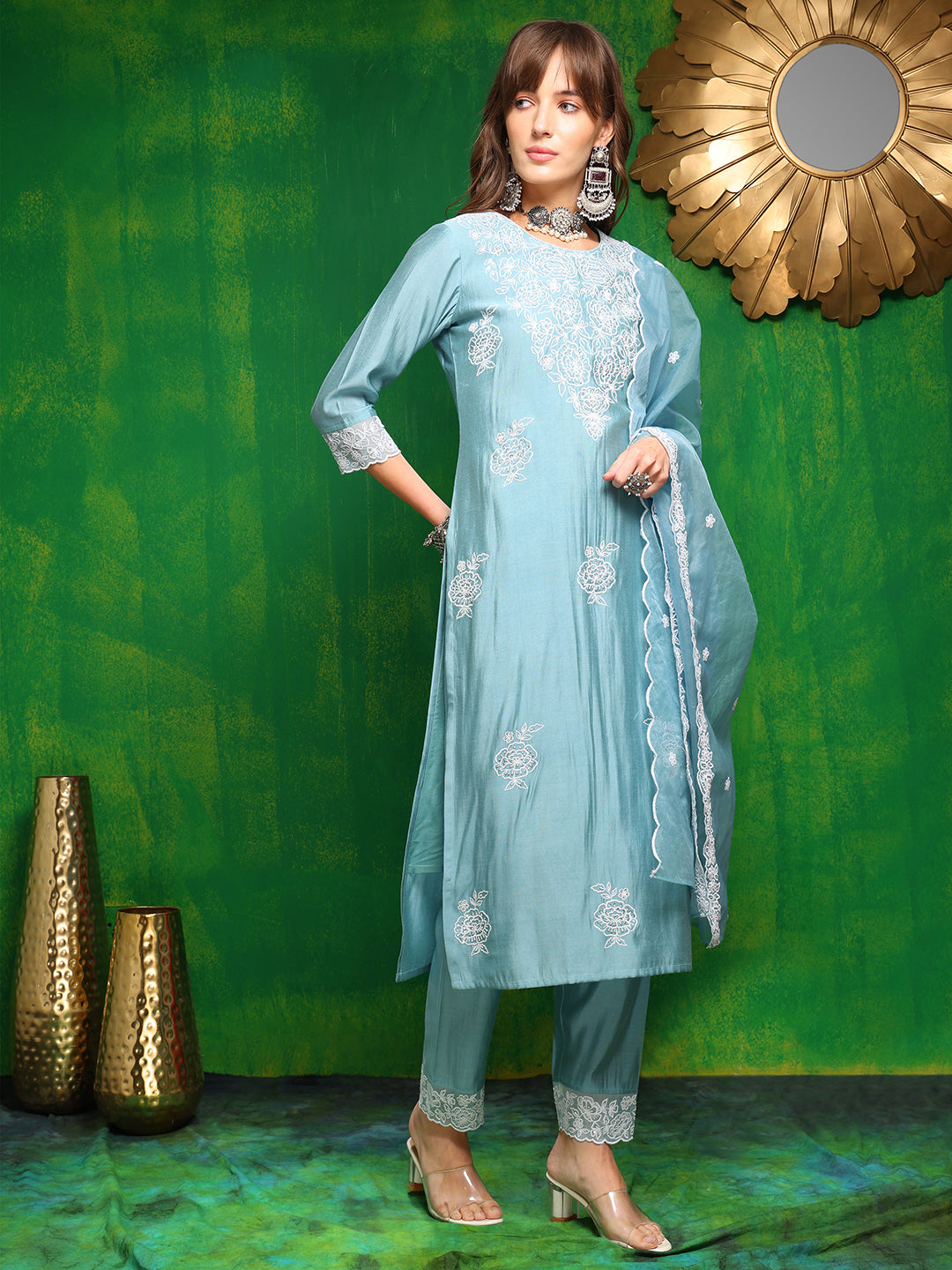 Embroidered Kurta With Pant & Dupatta, Aqua-Blue - Hiral Fashion