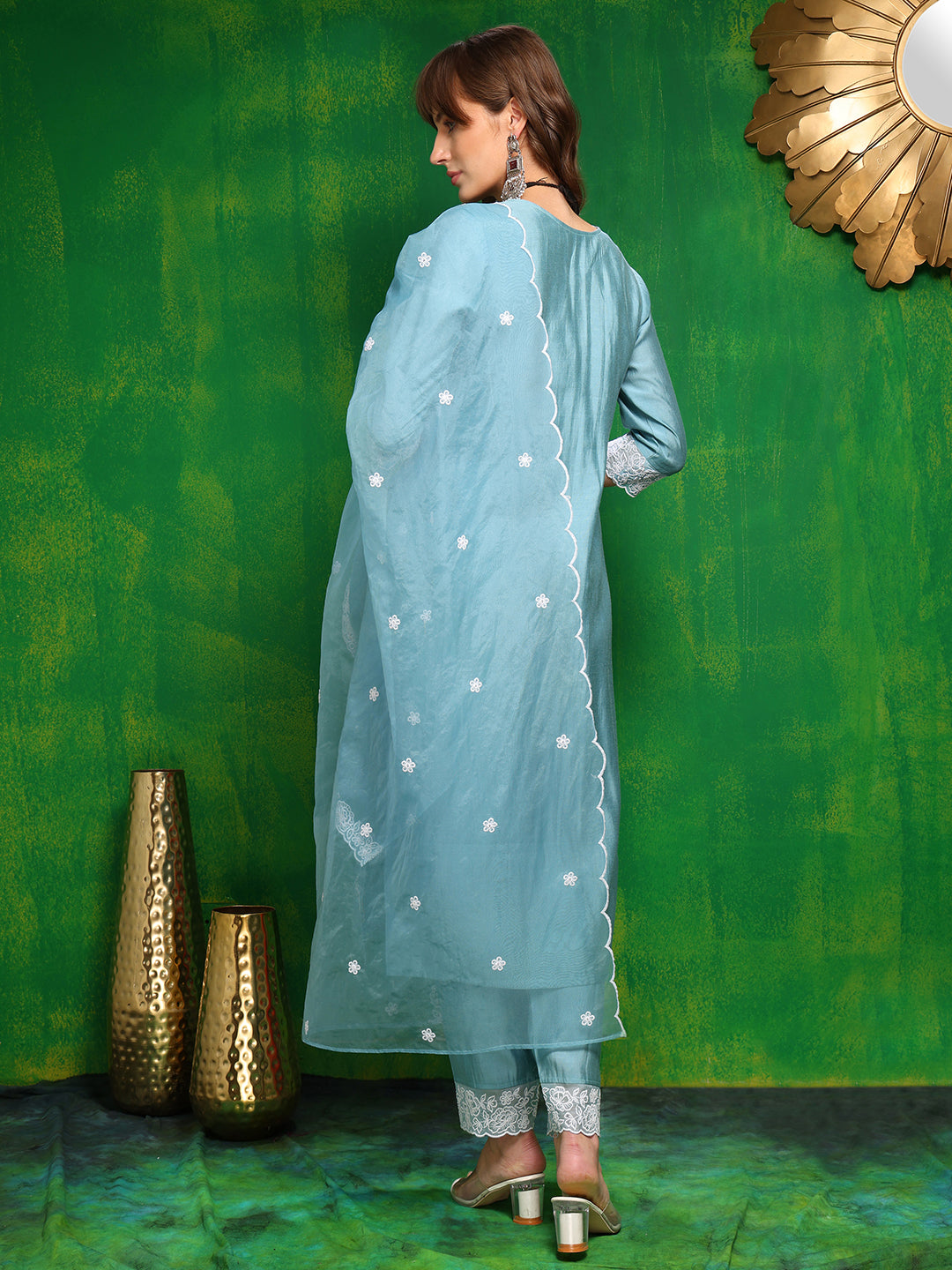 Embroidered Kurta With Pant & Dupatta, Aqua-Blue - Hiral Fashion