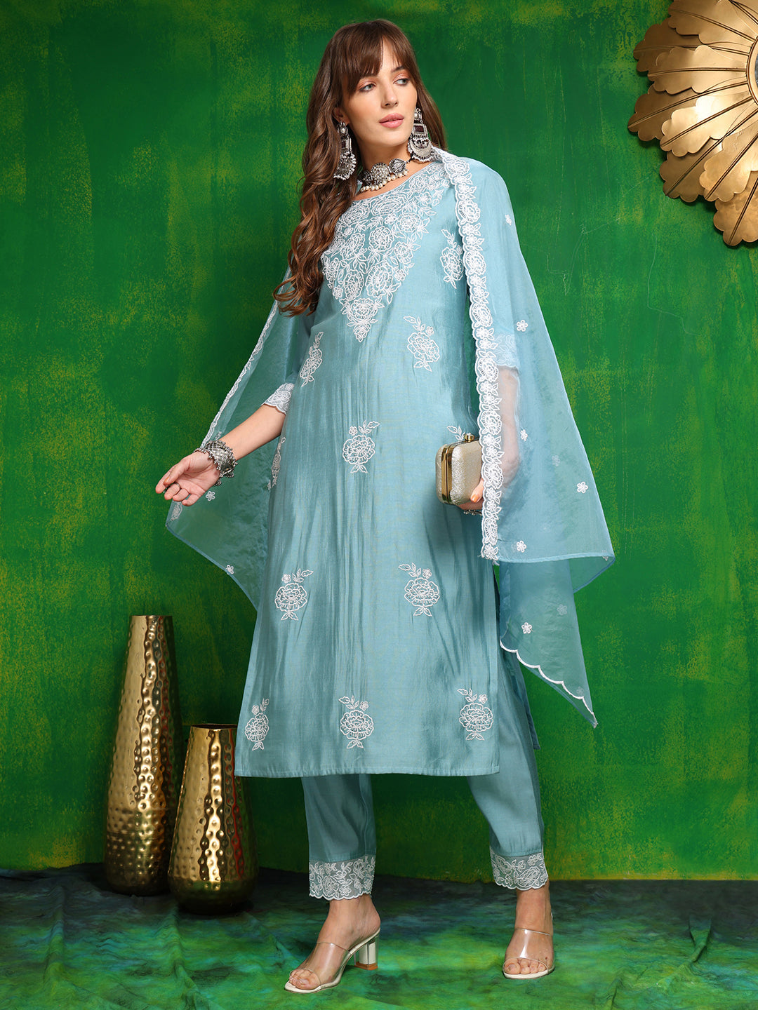 Embroidered Kurta With Pant & Dupatta, Aqua-Blue - Hiral Fashion
